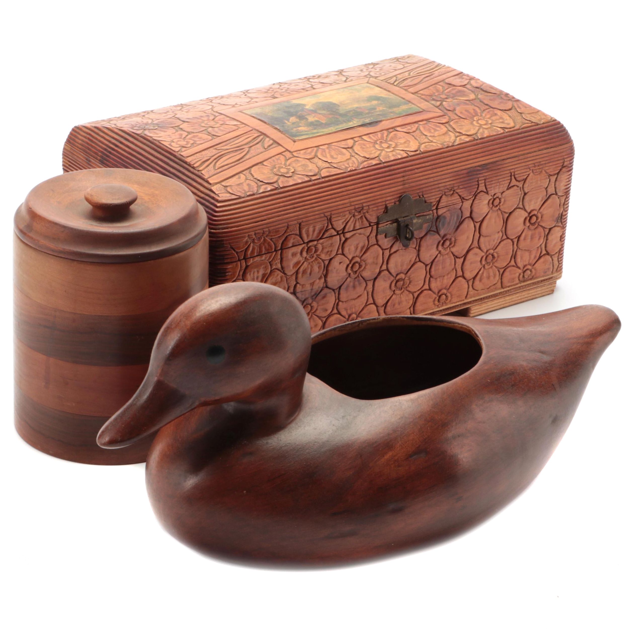 Carved Wooden Box with Duck Shaped Vase and Turned Wood Jar, 20th Century