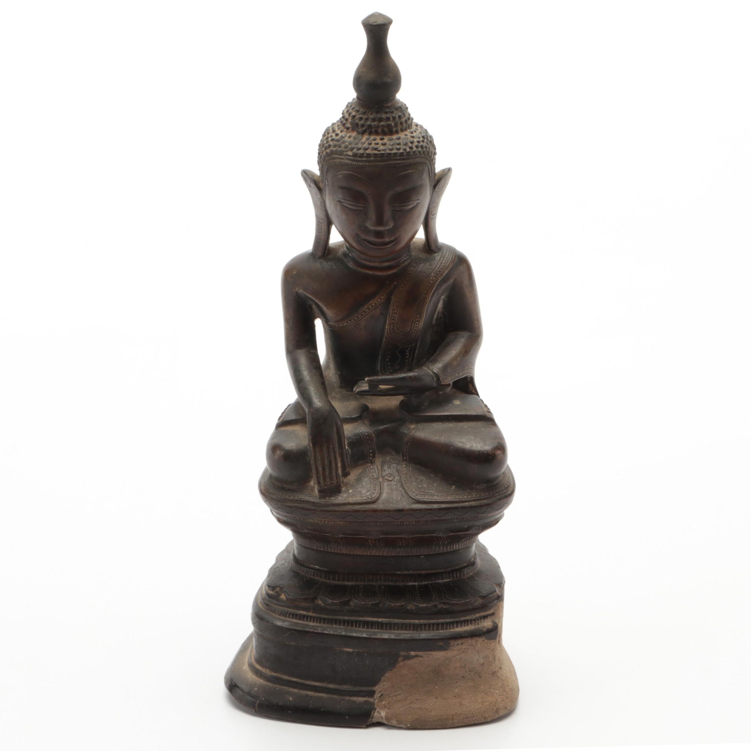Shan Burmese Cast Bronze Seated Buddha in Bhumisparsha Mudra