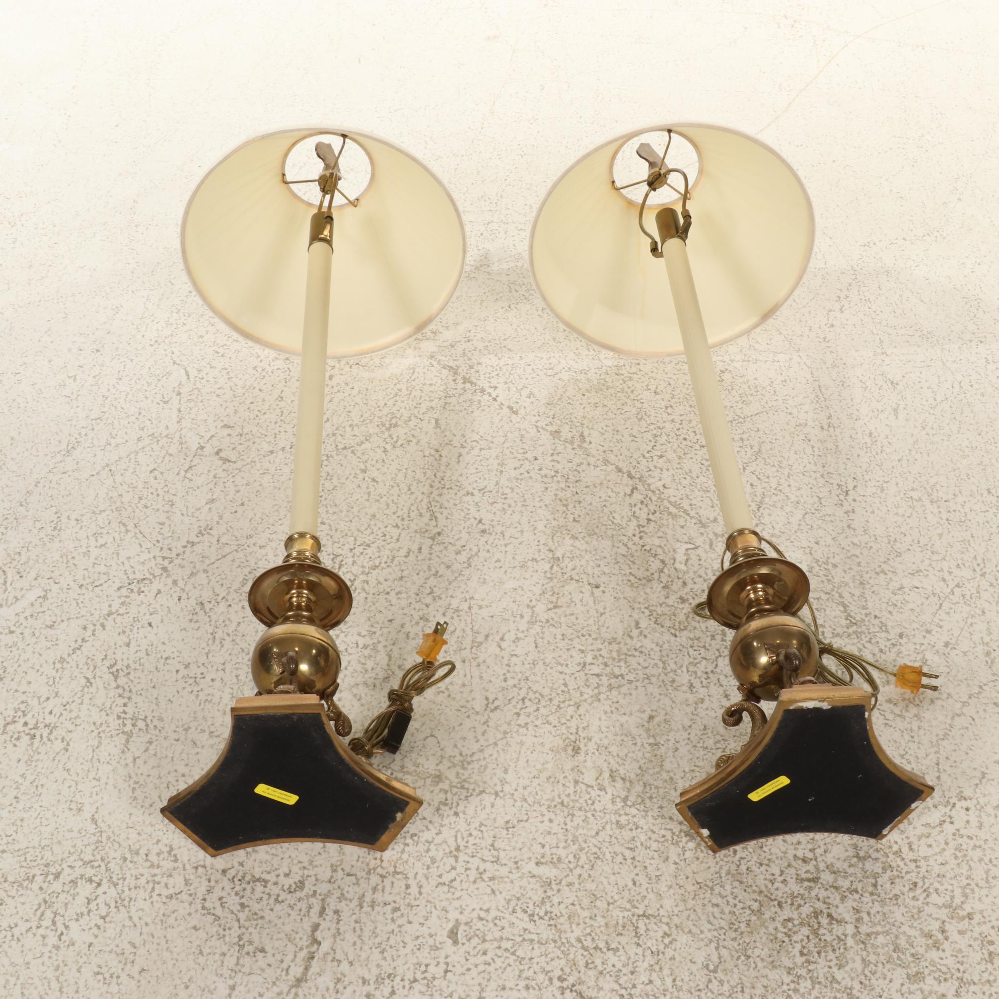 Chapman Neoclassical Style Brass Candlestick Buffet Lamp Pair, Late 20th Century