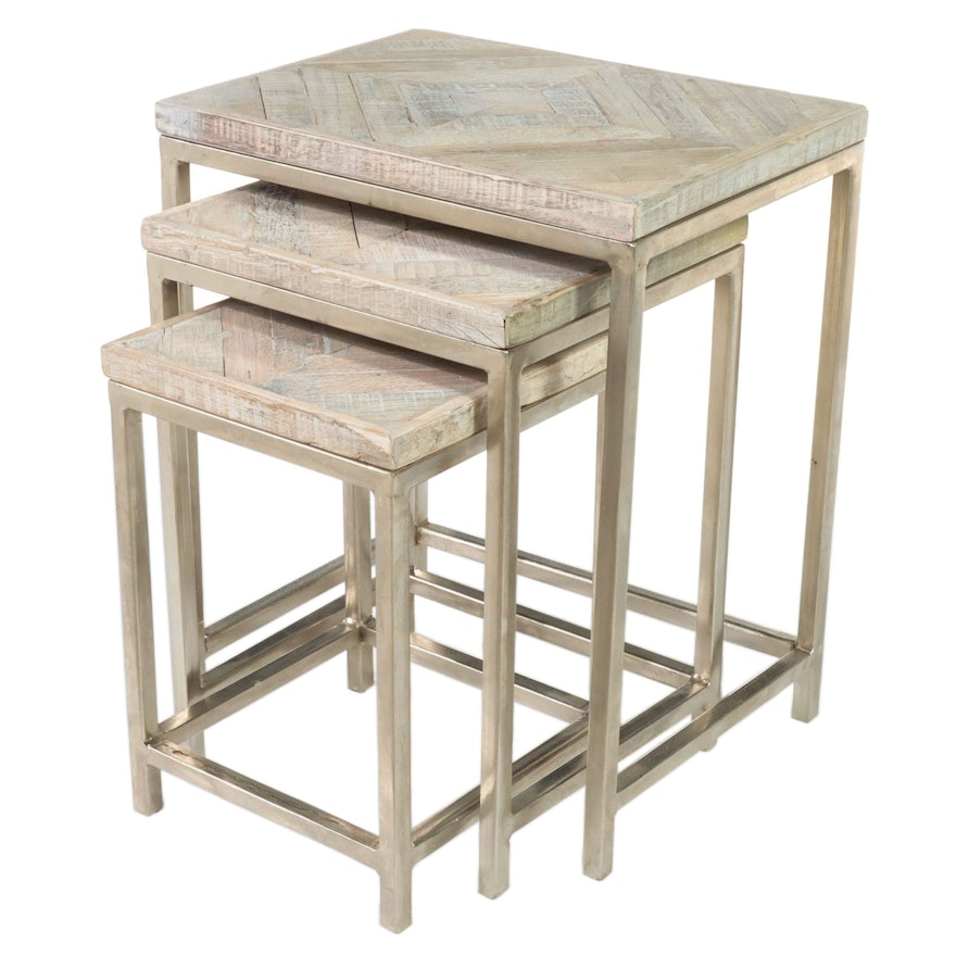 Blue Ocean Traders Contemporary Parquet Wood and Metal Nesting Tables
