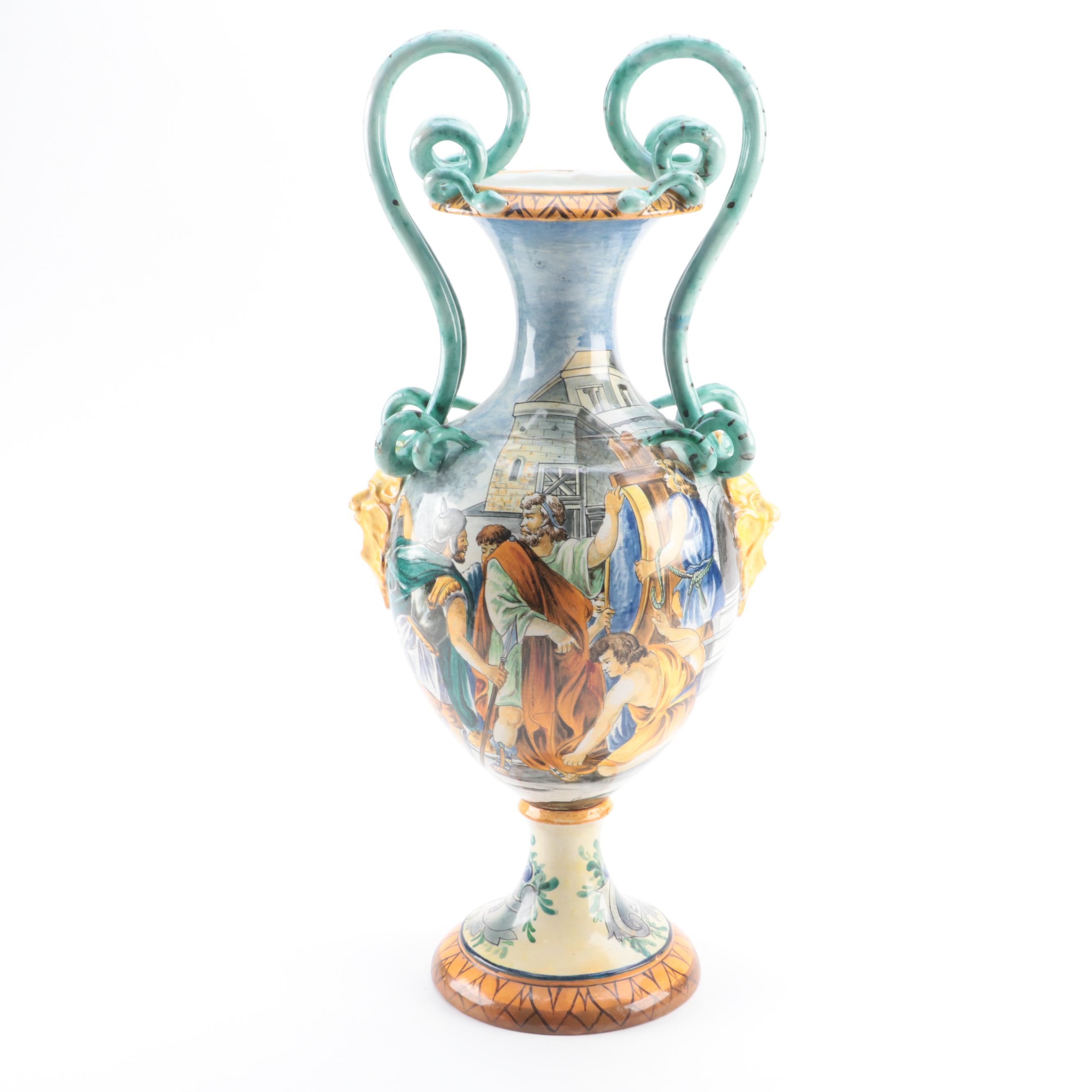 Capodimonte Style Snake Handle Hand-Painted Allegorical Urn