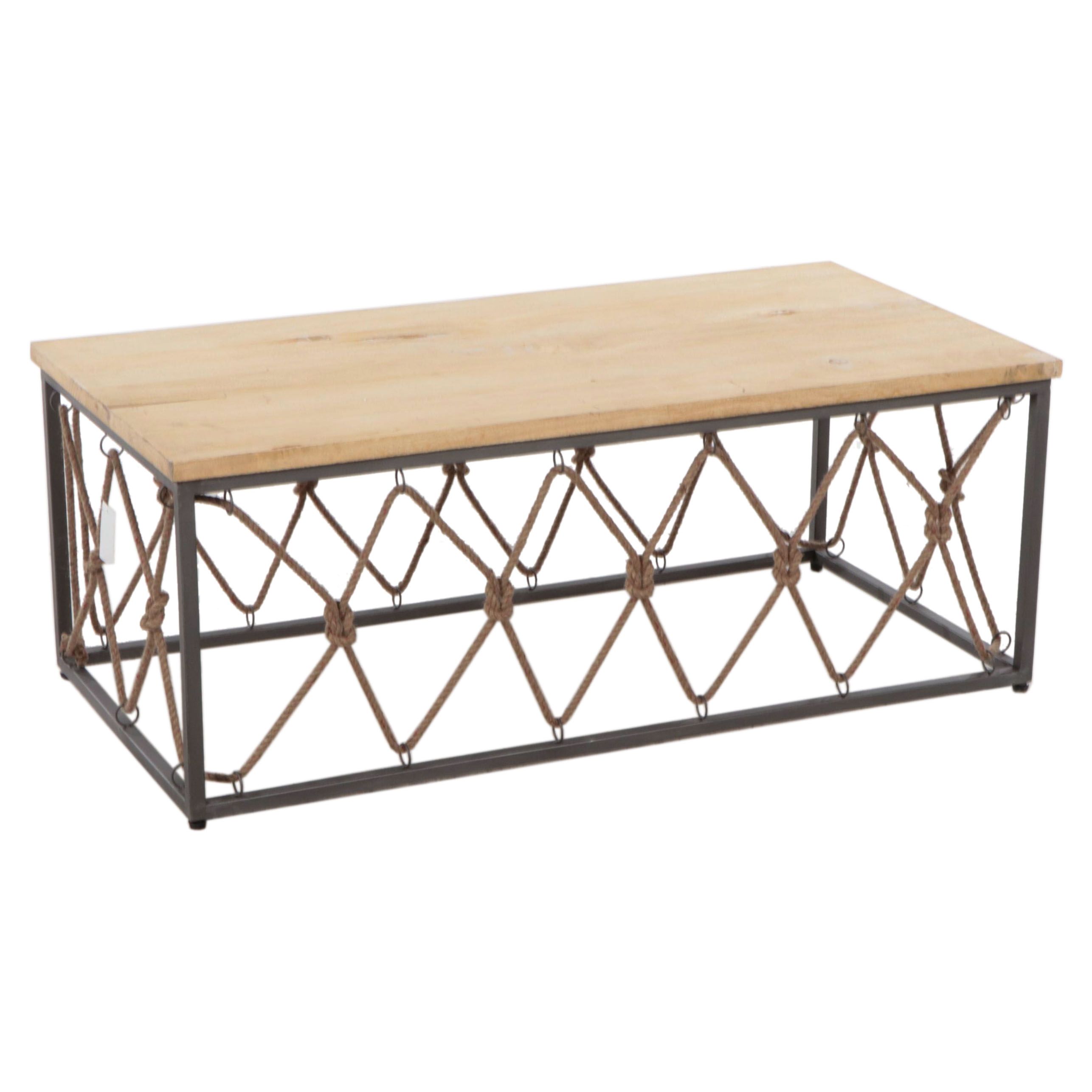 Contemporary Wood, Metal and Jute Rope Coffee Table