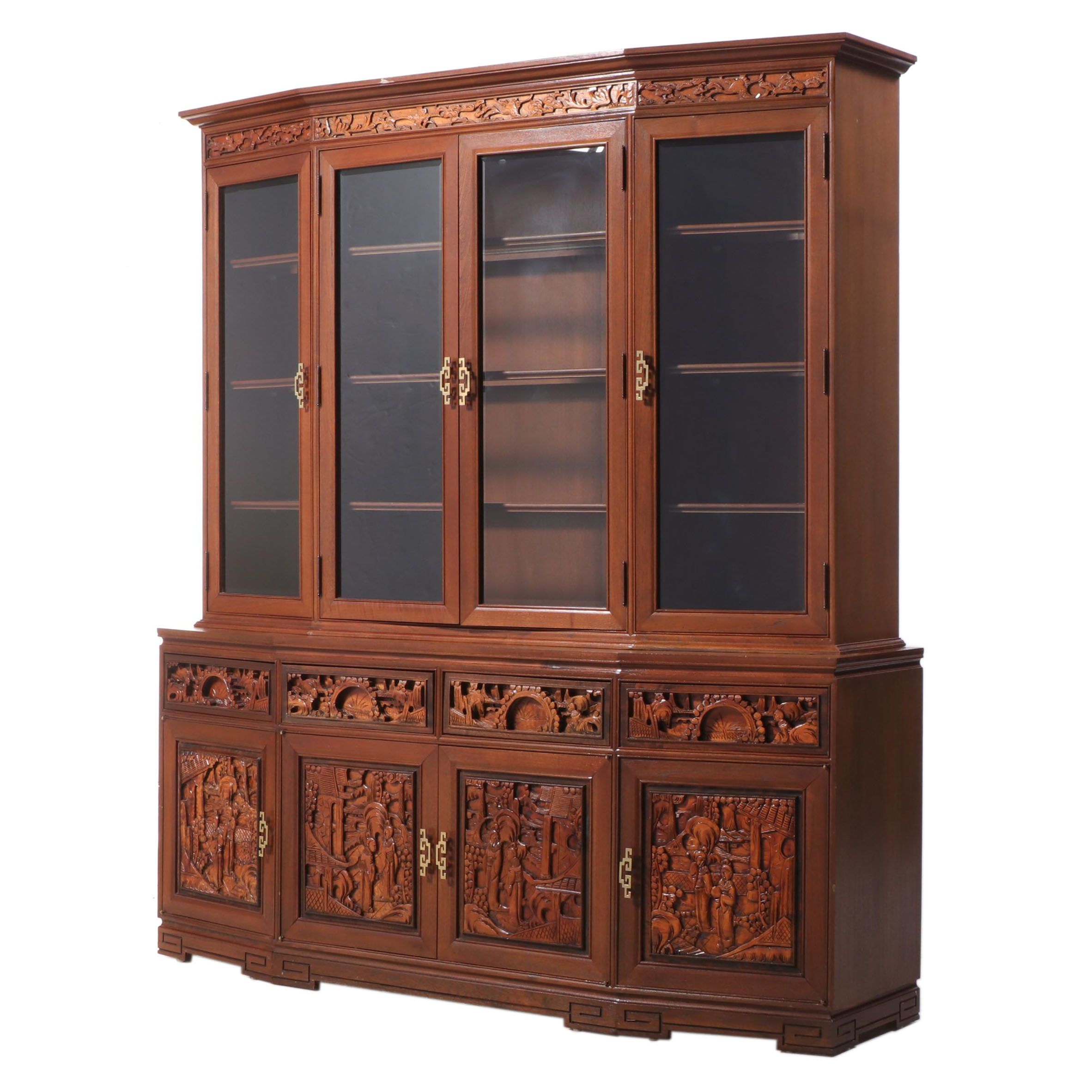 East Asian Carved Hardwood Illuminated China Cabinet