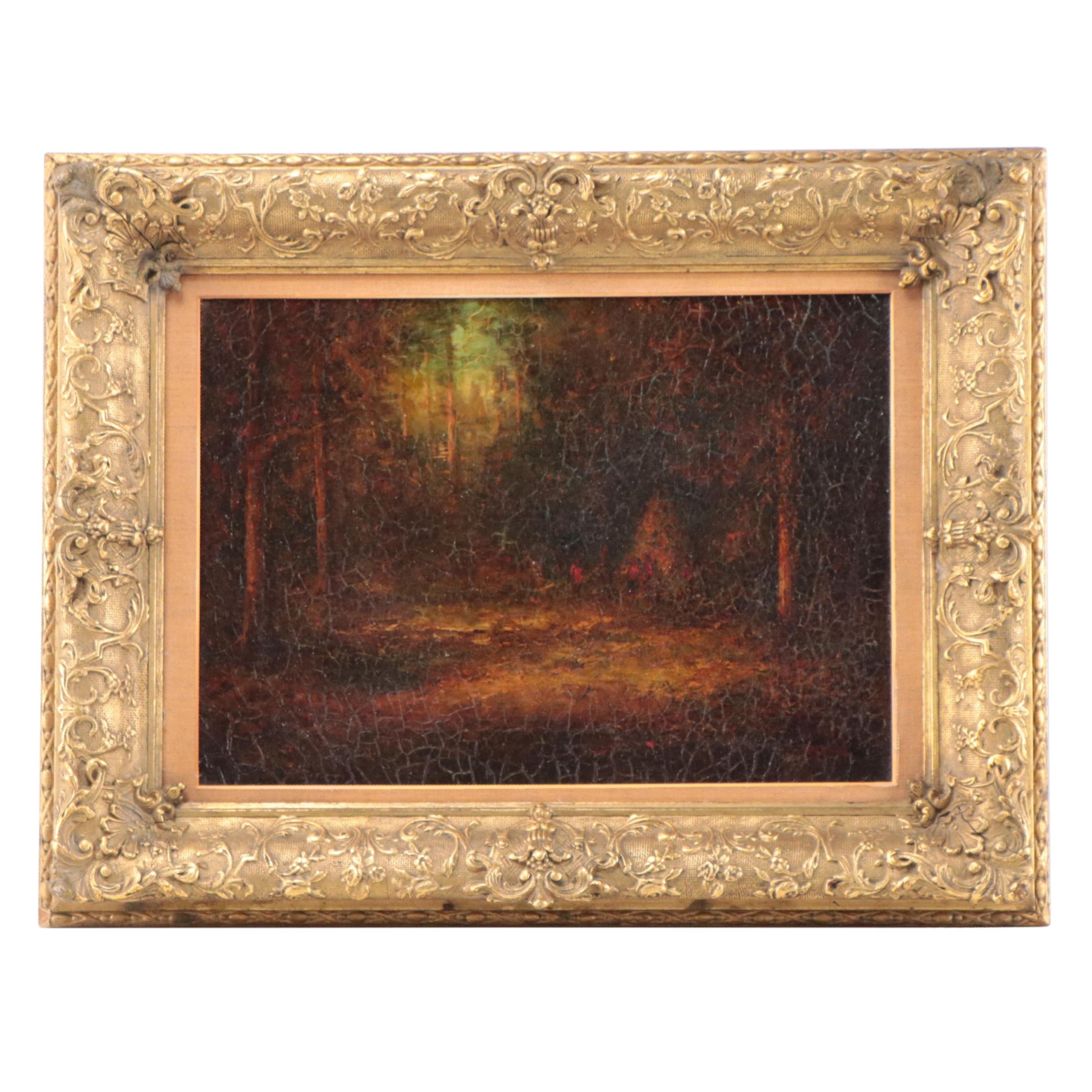 Hudson Mindell Kitchell Woodland Interior Landscape Oil Painting, Circa 1913