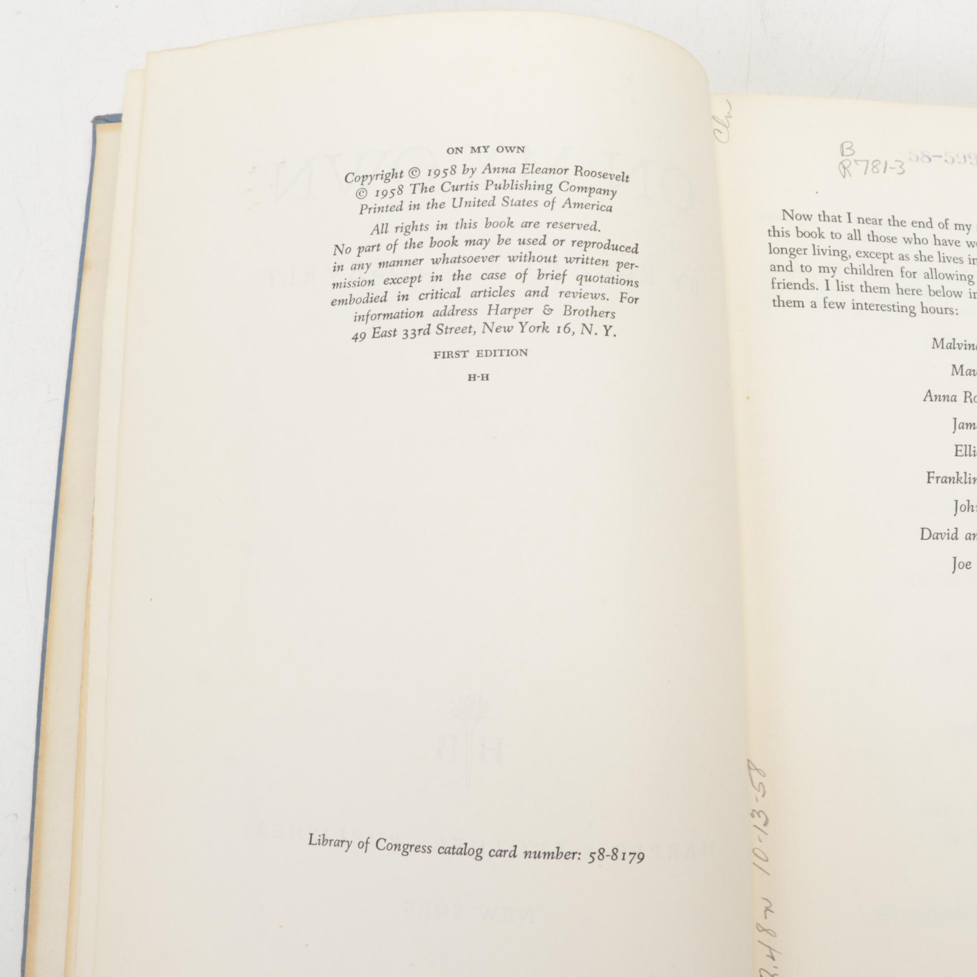 First Edition "On My Own" by Eleanor Roosevelt, 1958