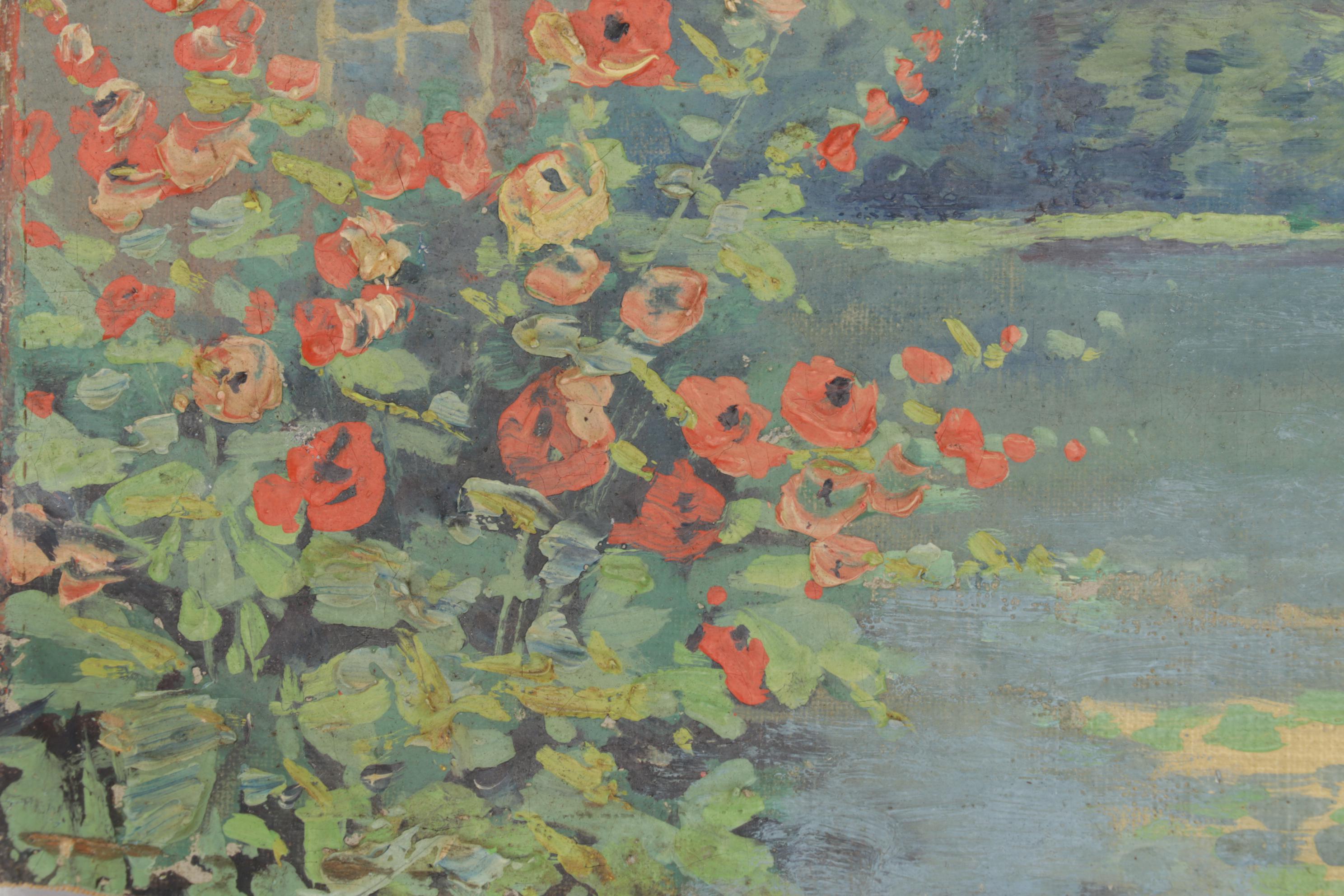 Impressionist School Oil Painting of Landscape with Cottage Garden