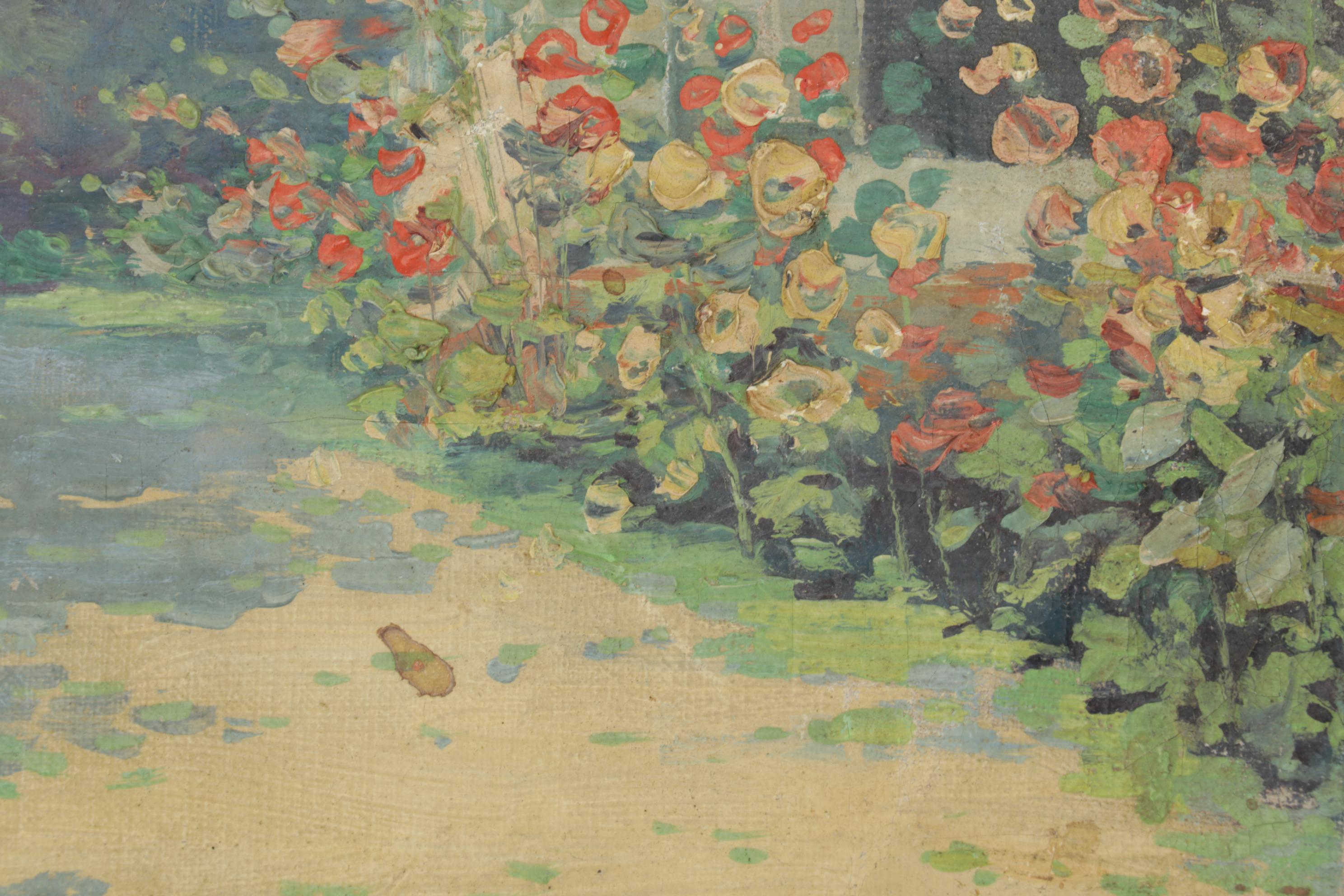 Impressionist School Oil Painting of Landscape with Cottage Garden