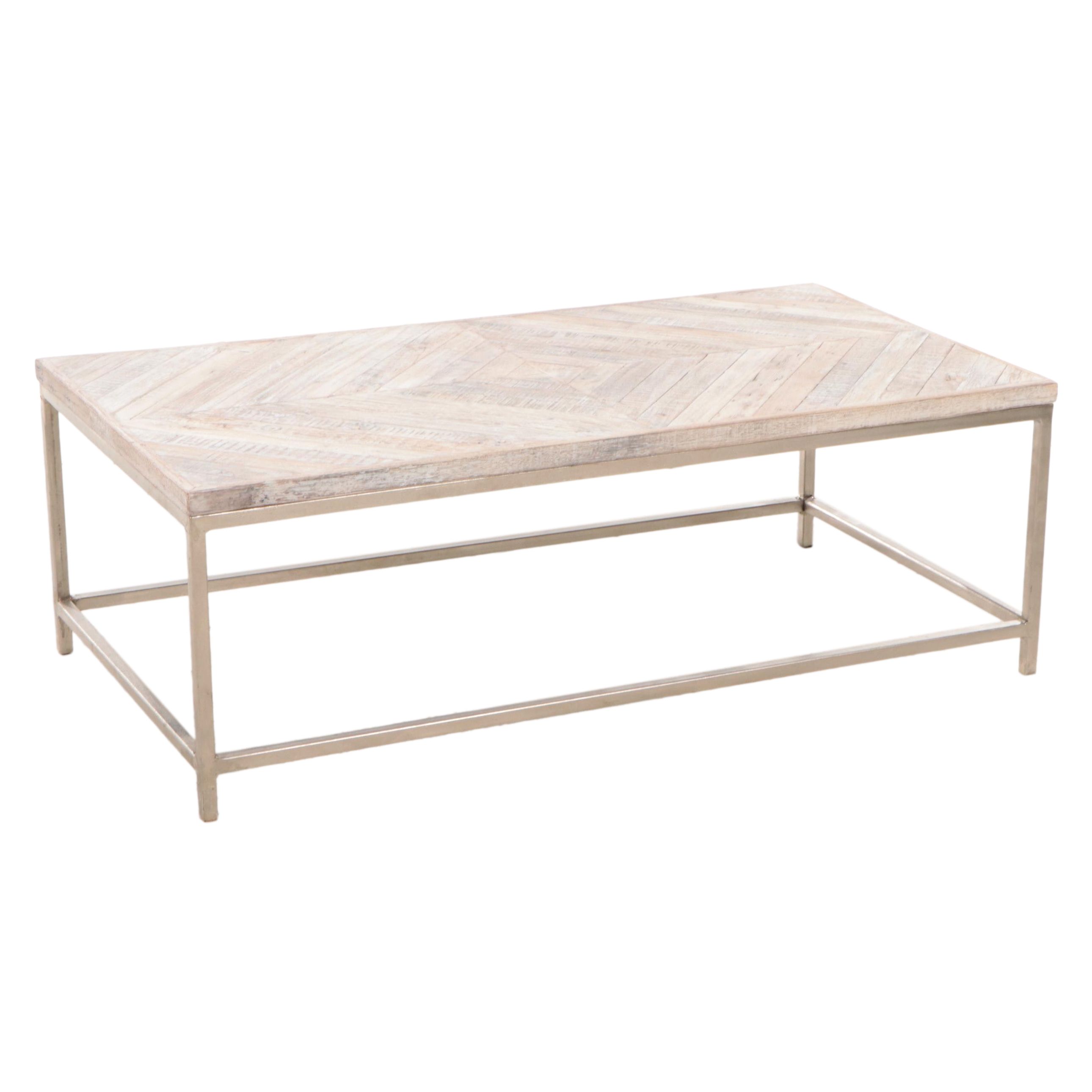 Modernist Style Wood Parquetry Top Metal Coffee Table