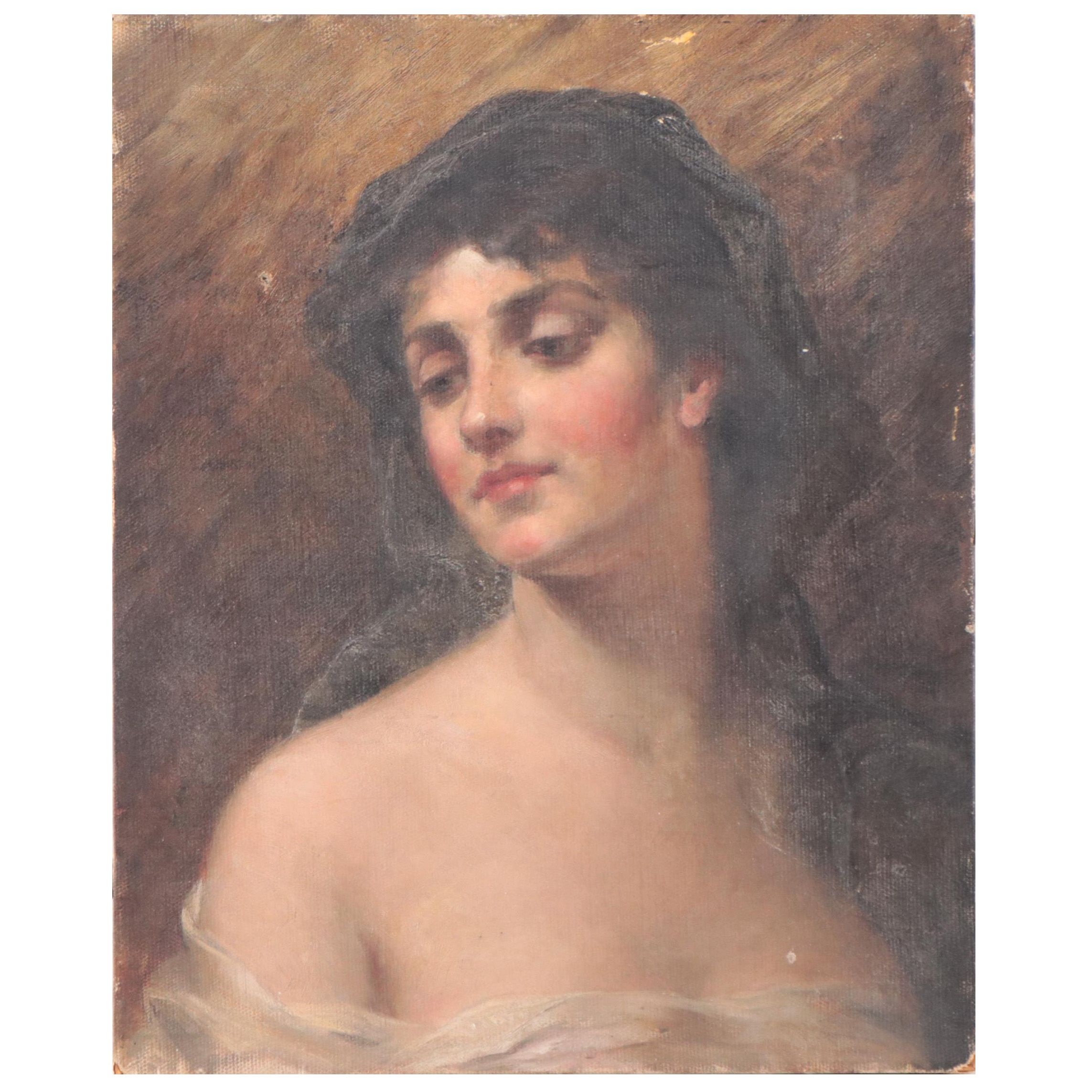 European School Style Portrait Oil Painting of Young Woman  With Head Scarf