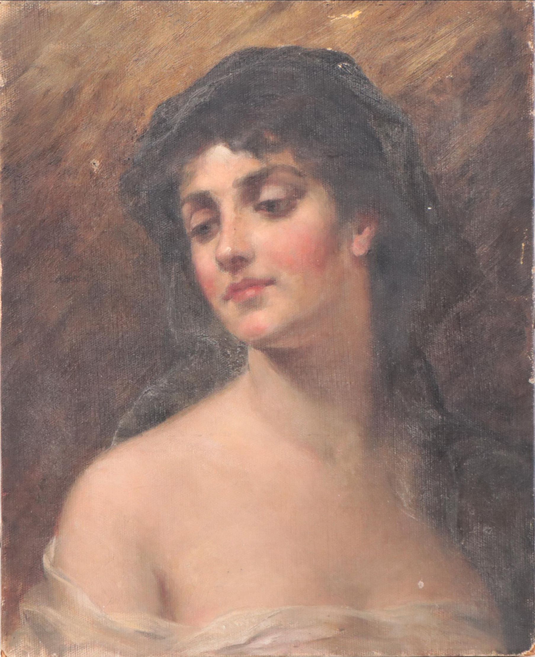 European School Style Portrait Oil Painting of Young Woman  With Head Scarf