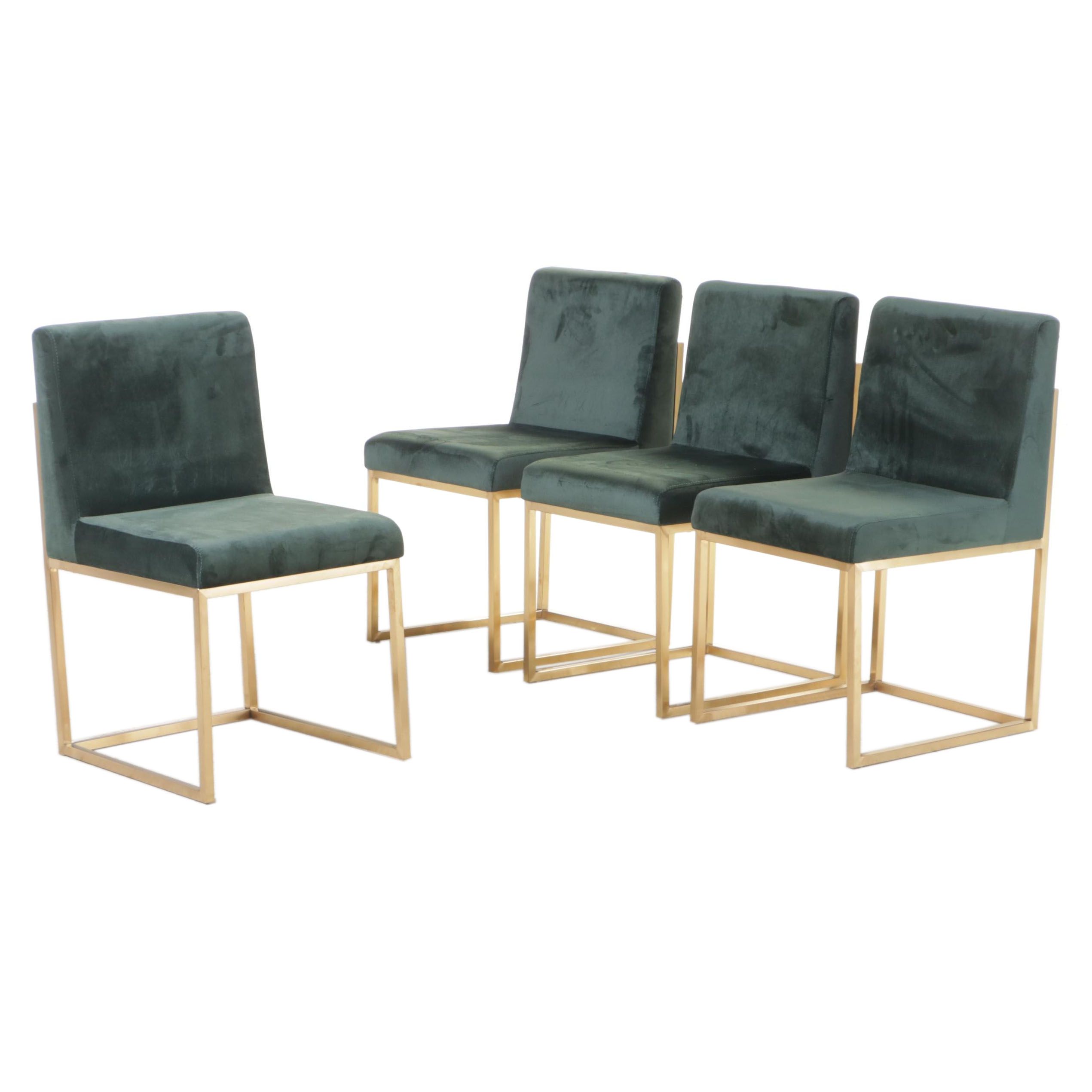 Four Contemporary Green-Upholstered Gold Metal Side Chairs