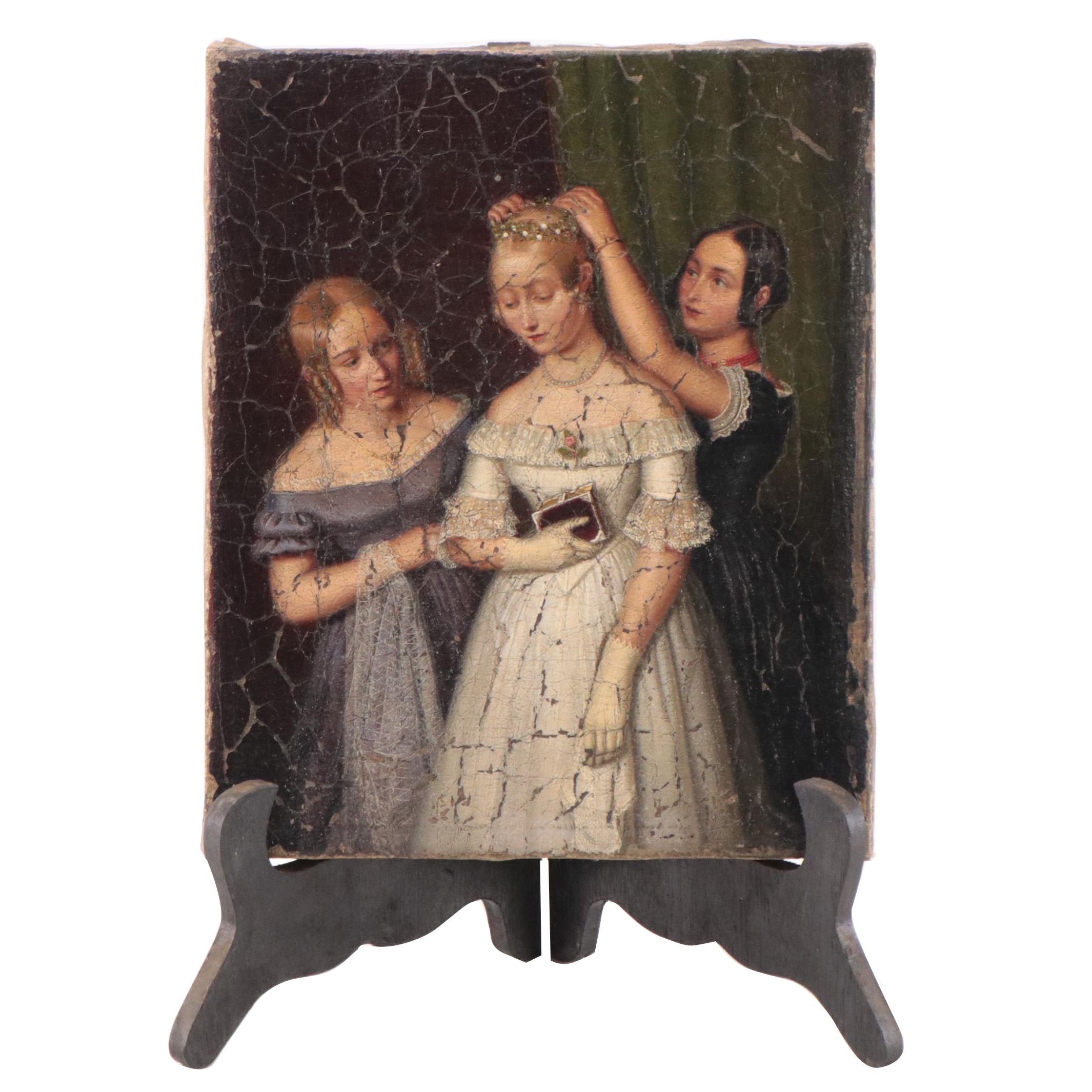 Victorian Oil Painting of Young Woman Readying for Marriage, Mid-19th Century