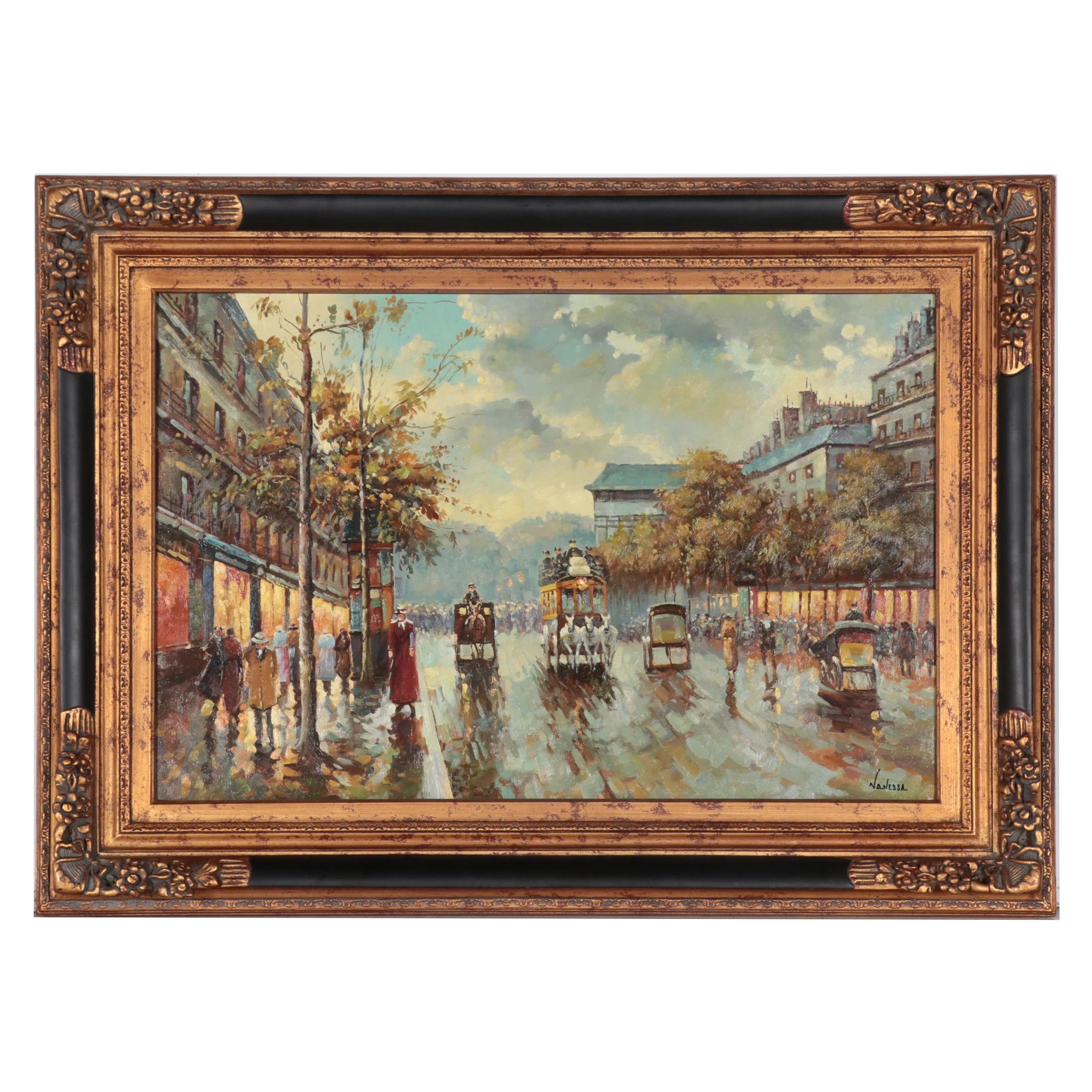 Large-Scale Street Scene Oil Painting, Circa 2000
