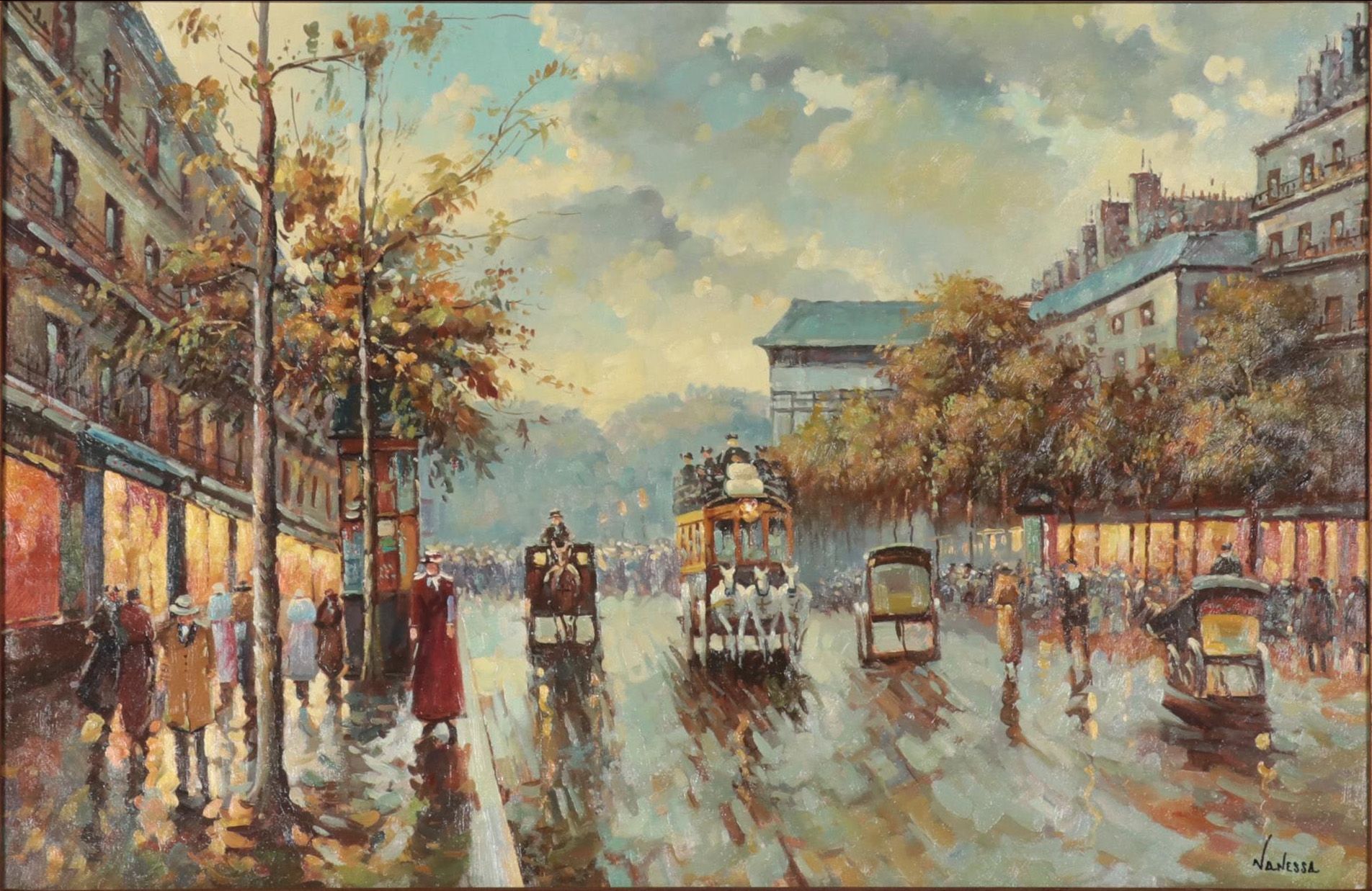 Large-Scale Street Scene Oil Painting, Circa 2000
