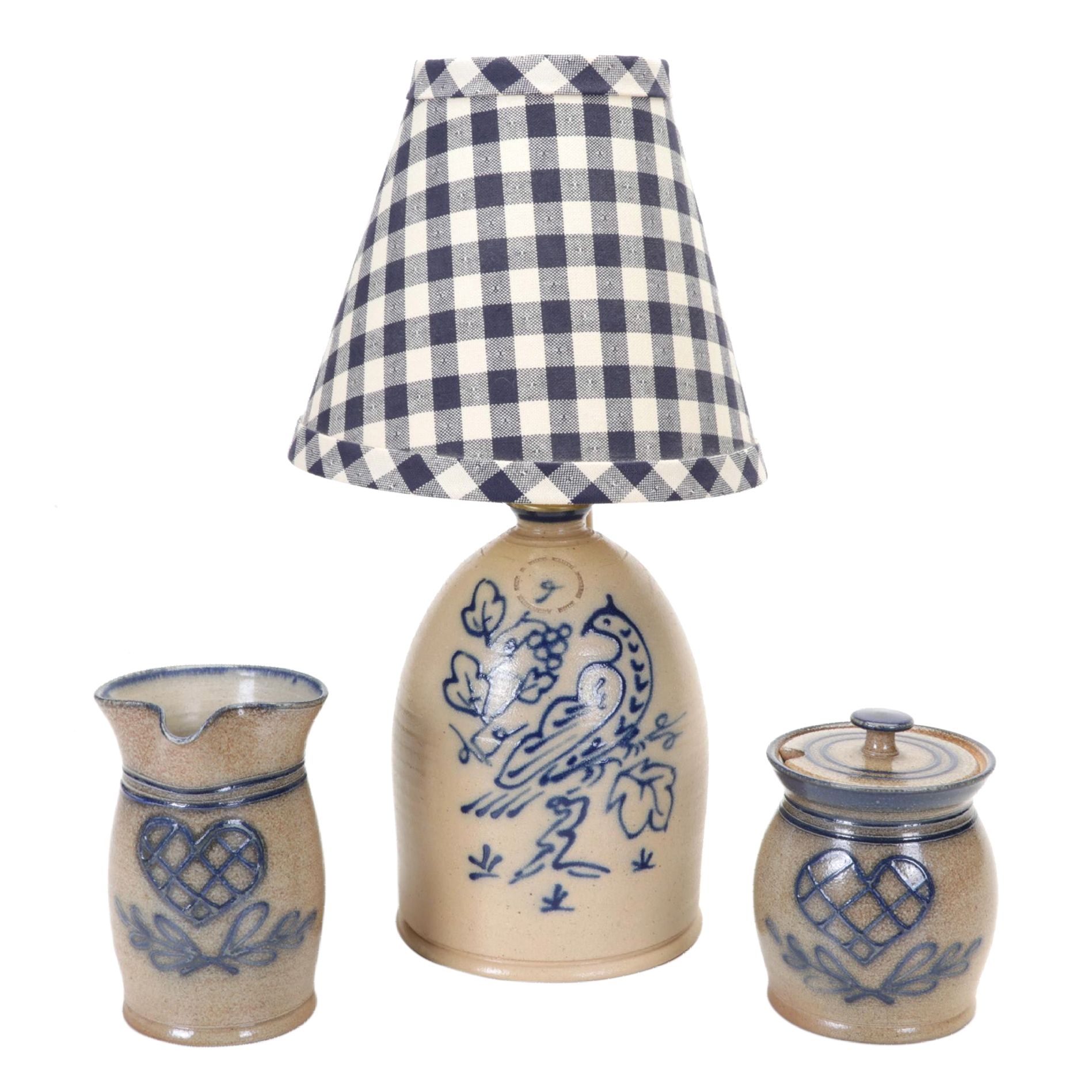 Salt O Thee Earth Pottery Salt-Glazed Lamp, Pitcher, and Honey Pot, 1990s