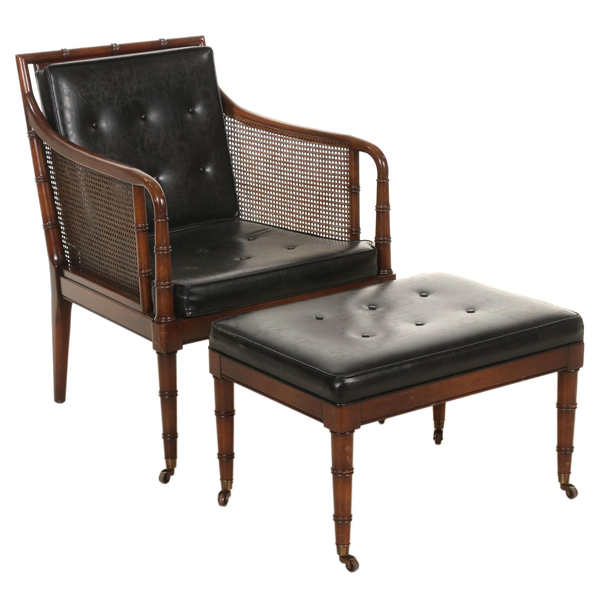 Hickory Chair Regency Style Faux Bamboo and Faux Leather Armchair and Ottoman