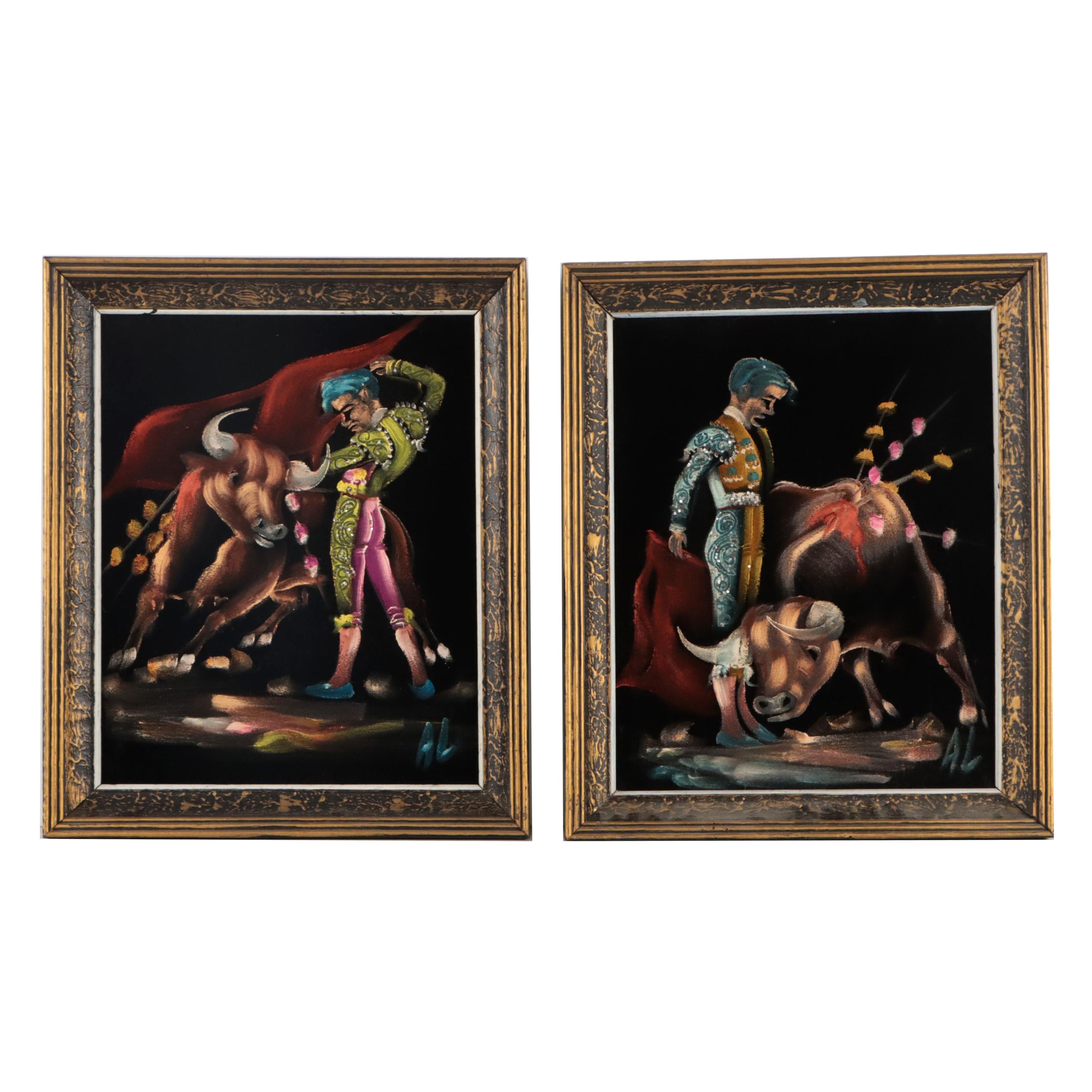 Mixed Media Paintings on Velveteen of Bull Fighting