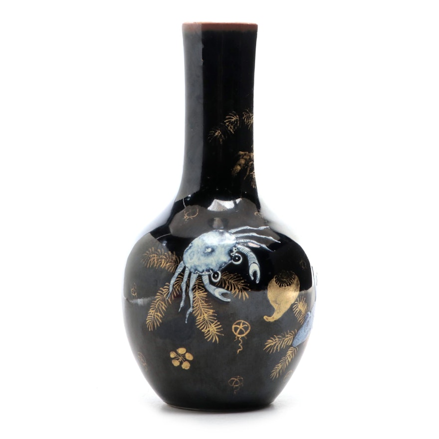 Japanese Black and Gilt Porcelain Vase with Fish and Crab Design, 19th Century