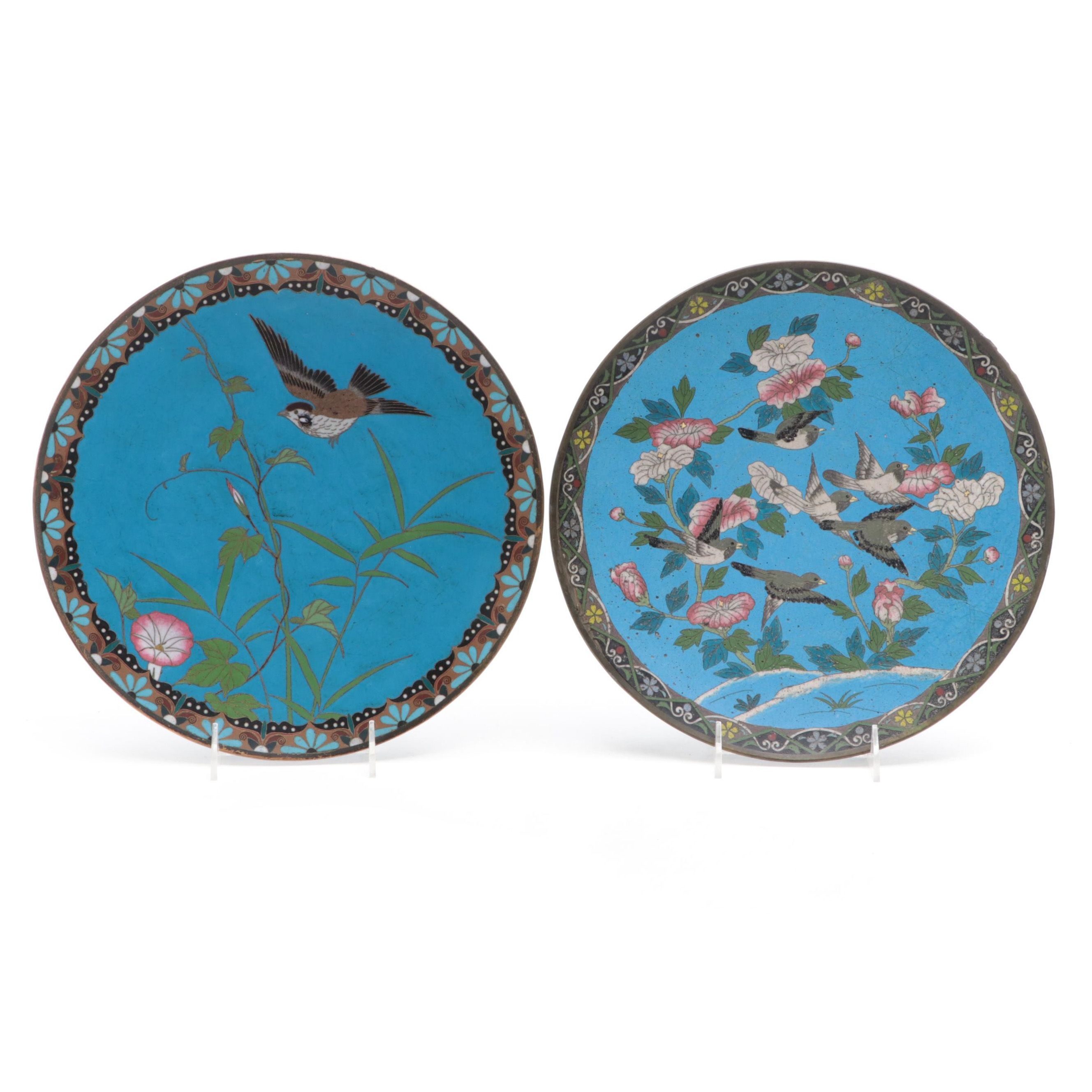 Japanese Cloisonné Bird in Garden Motif Dishes, Meiji Period