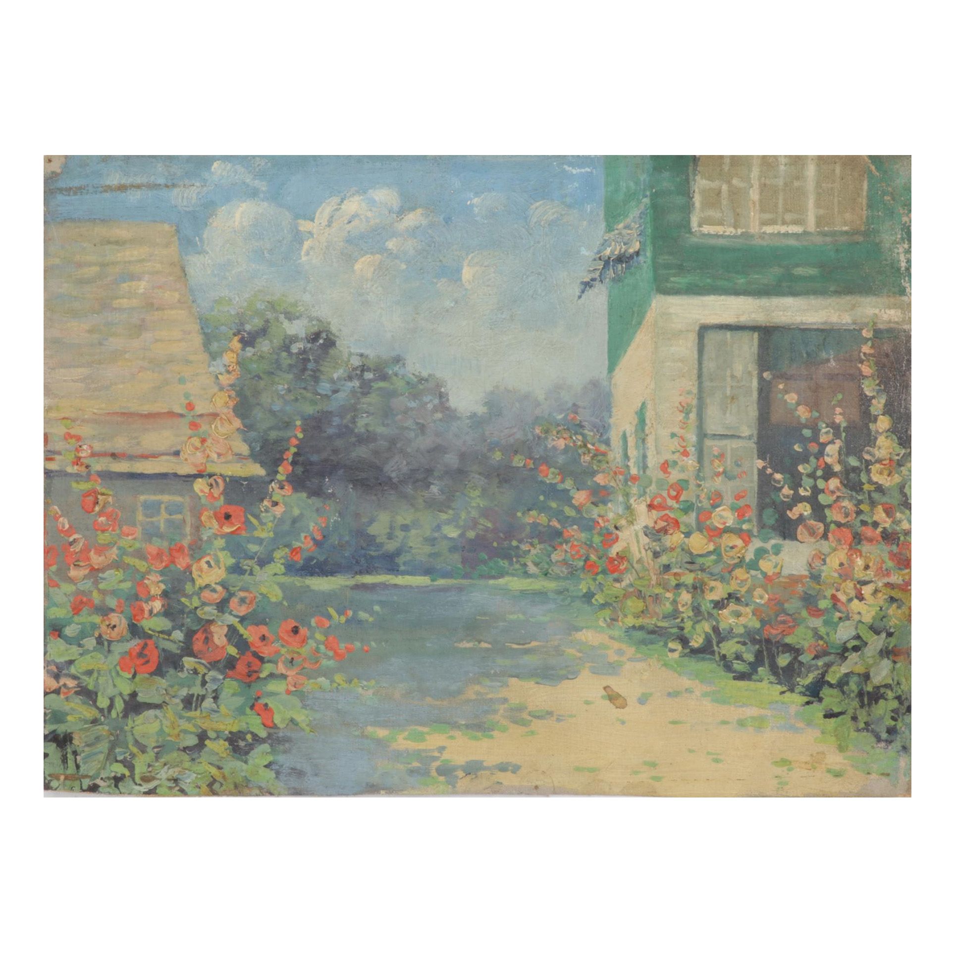 Impressionist School Oil Painting of Landscape with Cottage Garden