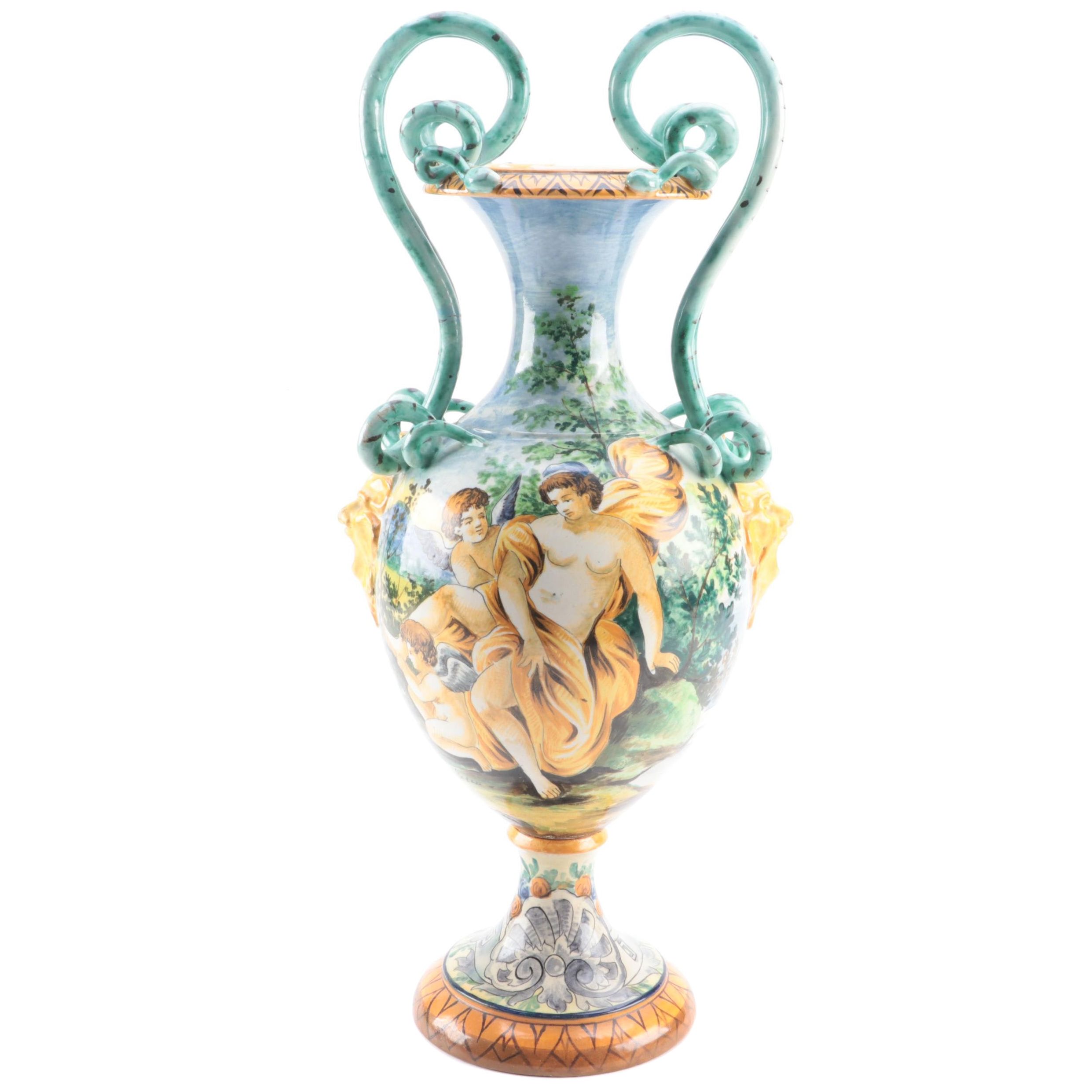 Capodimonte Style Snake Handle Hand-Painted Allegorical Urn