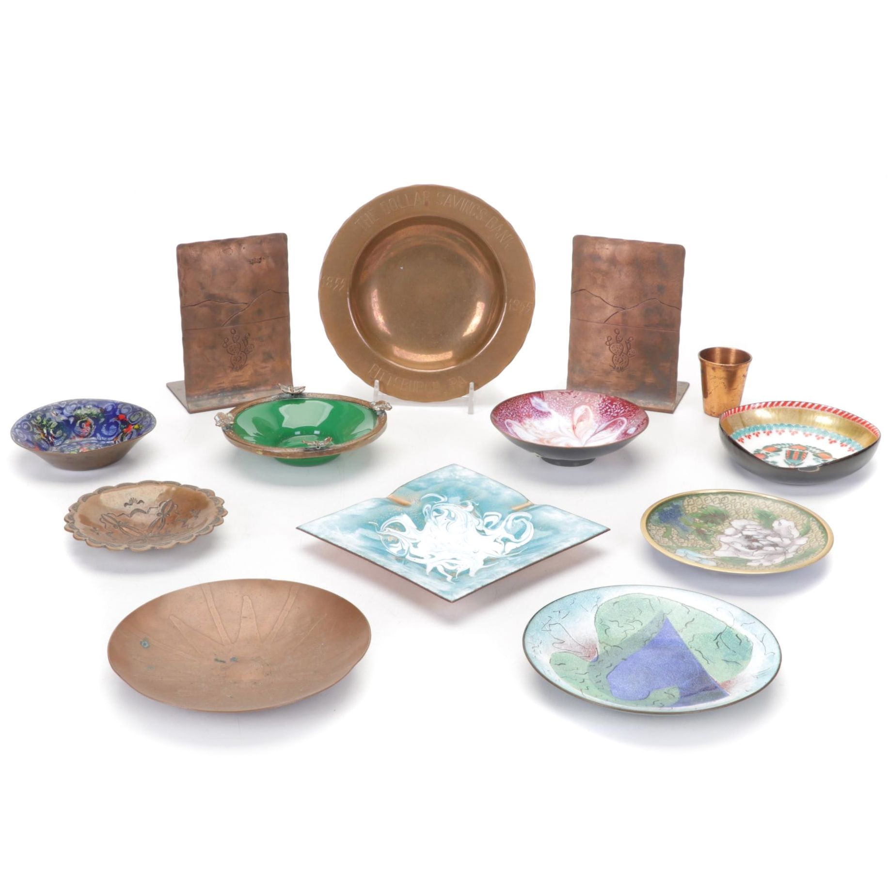 Craftsmen, Inc Copper Bookends with Copper, Glass, and Enamel Bowls and Ashtrays