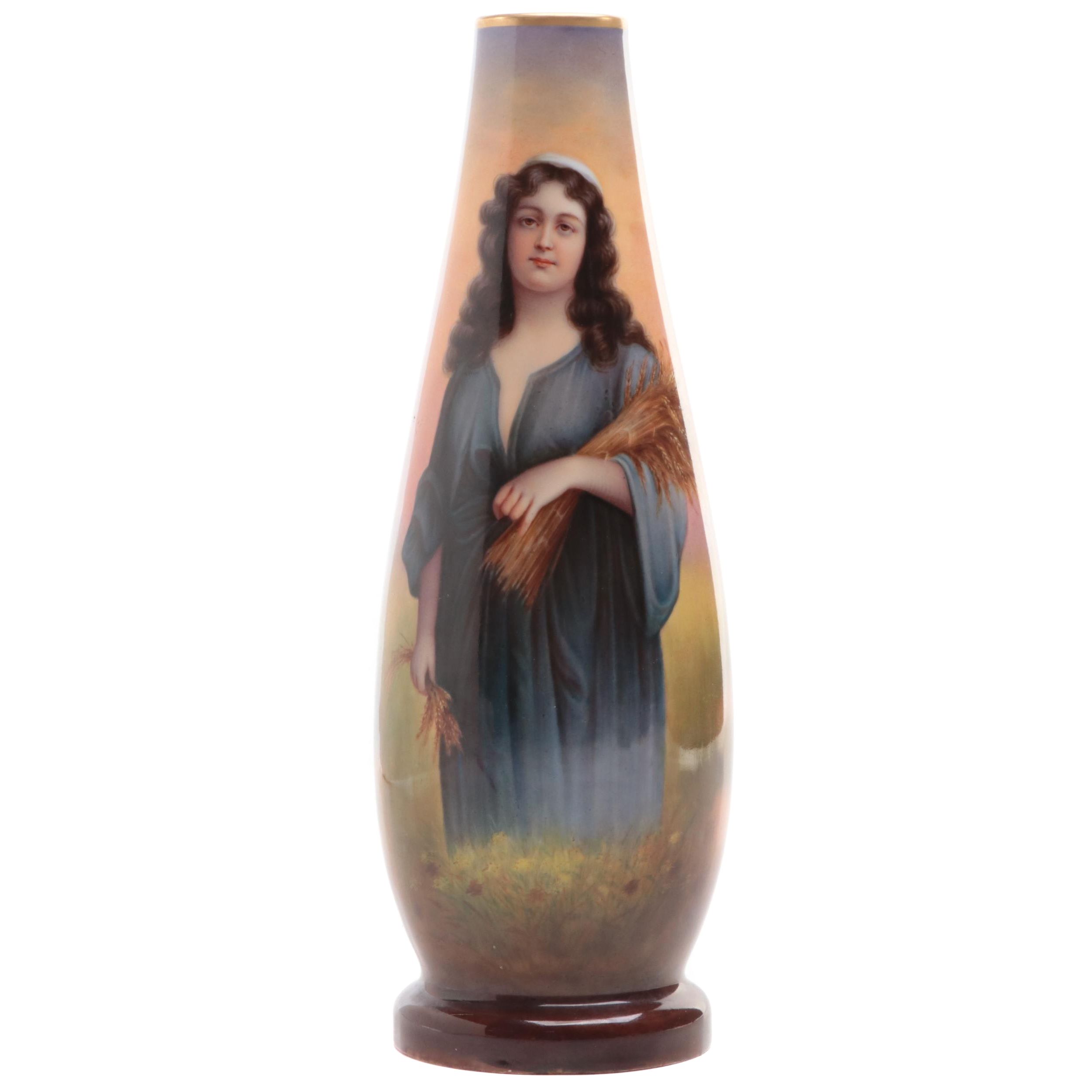 German Luscian Ware Ruth Gleaning Wheat Porcelain Vase, Early 20th Century