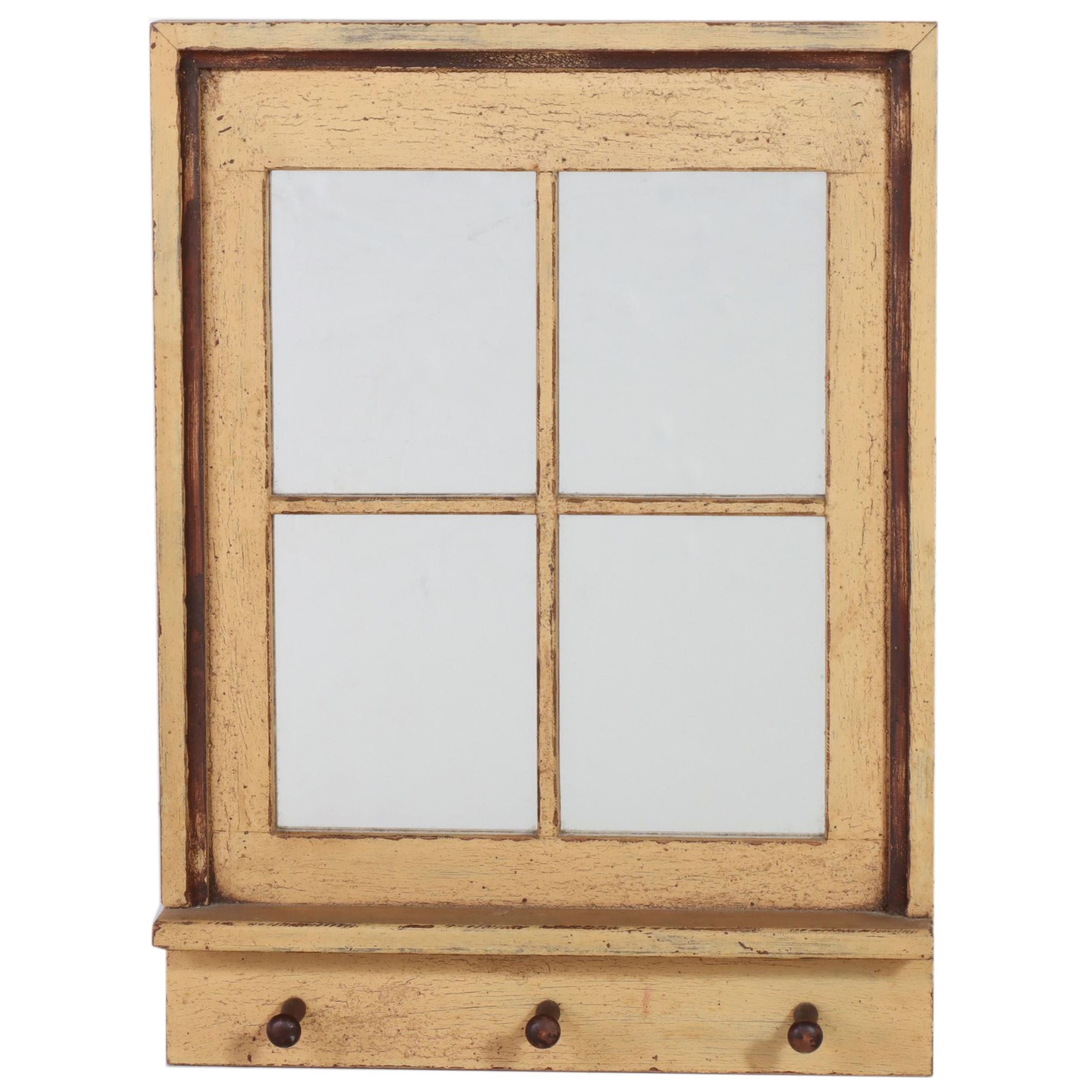 Bittners of Louisville Yellow-Painted Window-Form Mirror with Shelf and Hooks