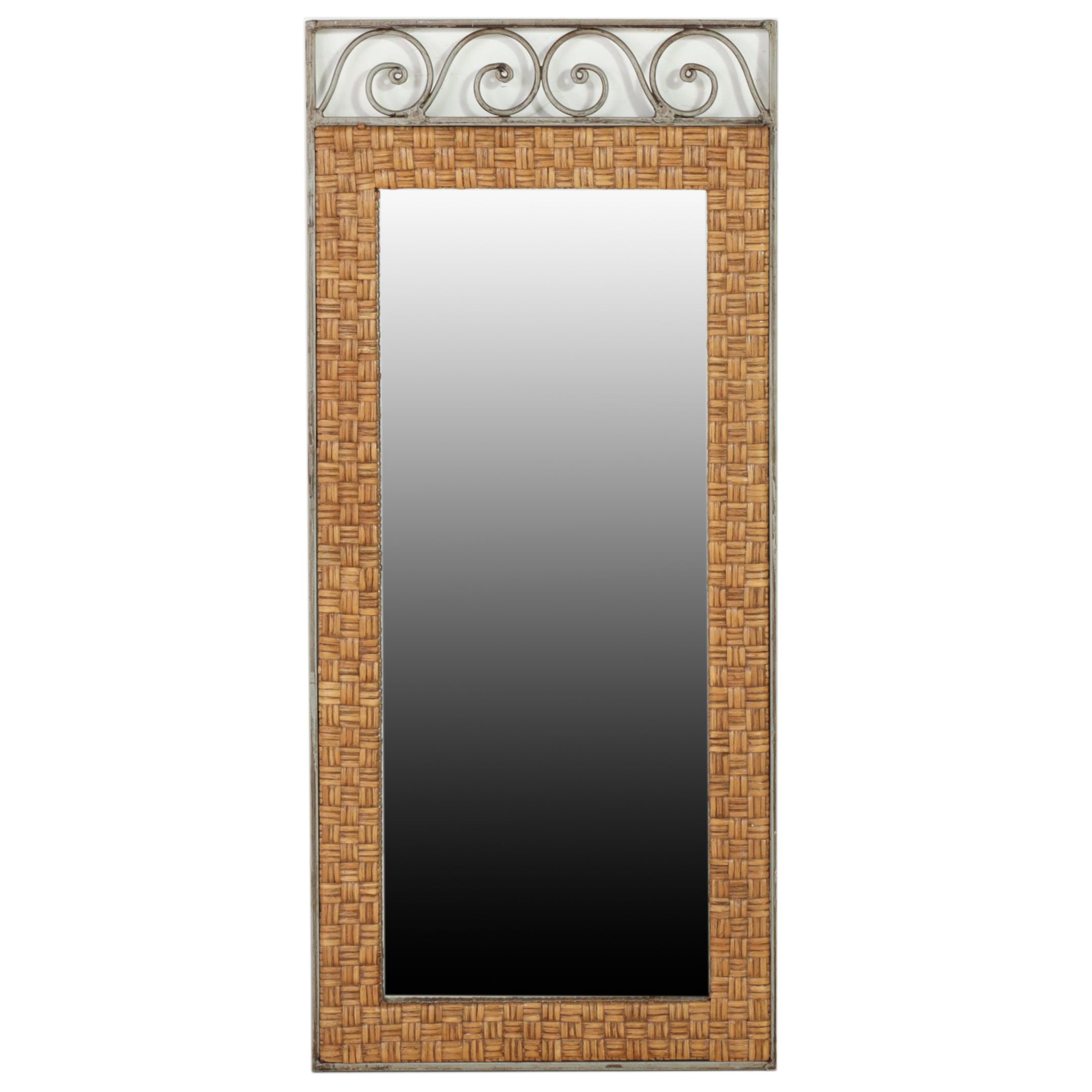 Patinated Metal and Wicker Wall Mirror