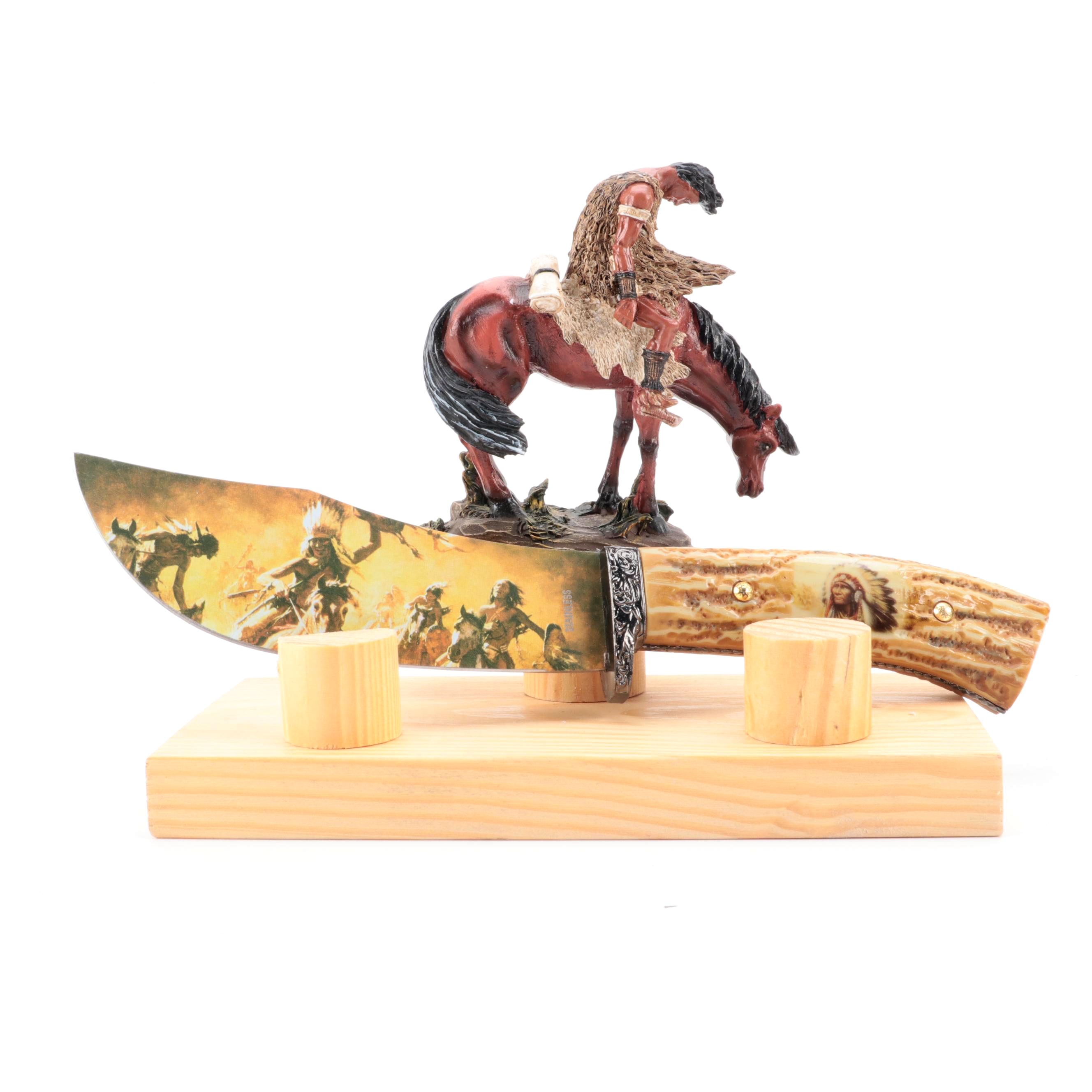 Native American Motif Fixed Blade Knife with Stand