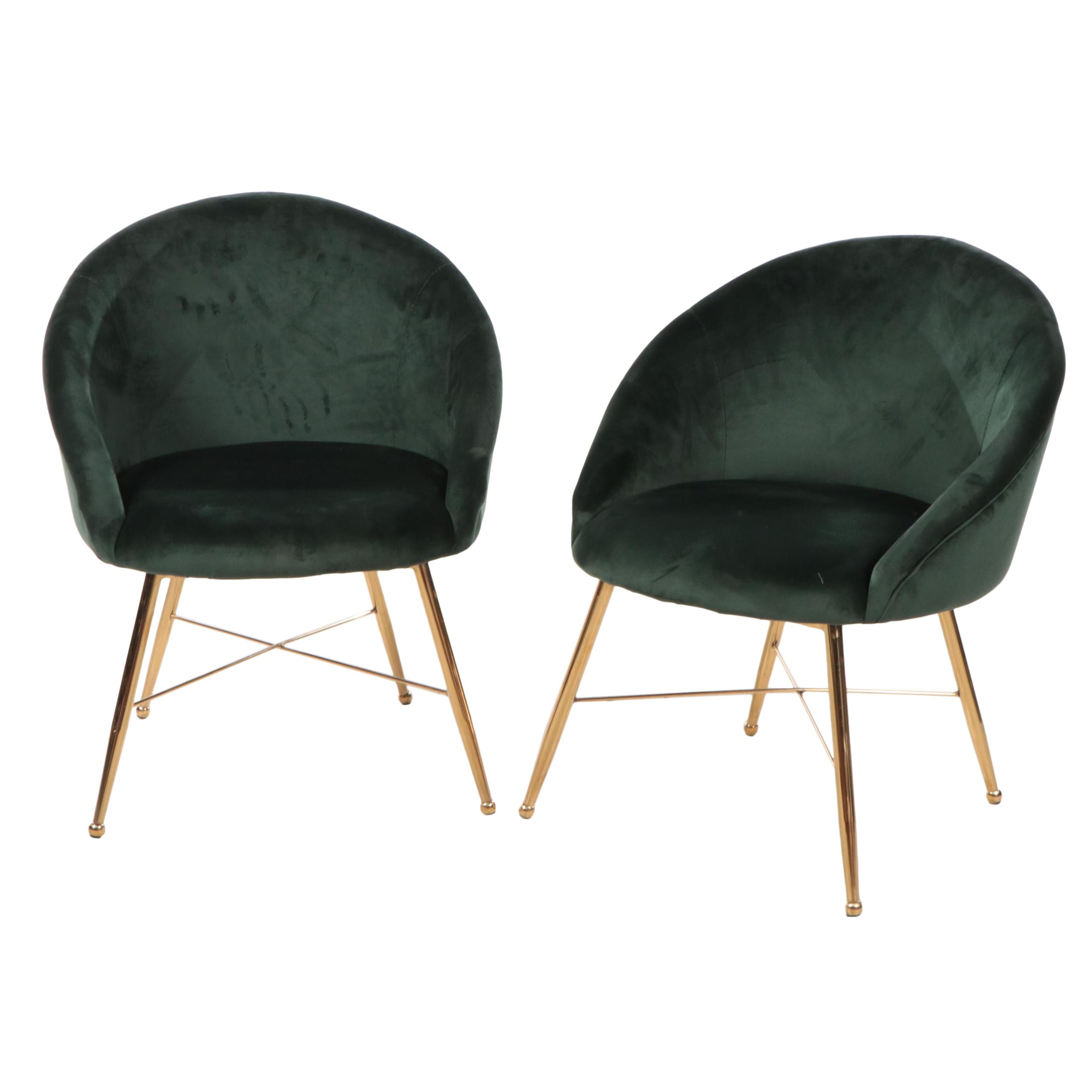Pair of Contemporary Green-Upholstered and Gold Metal Club Chairs