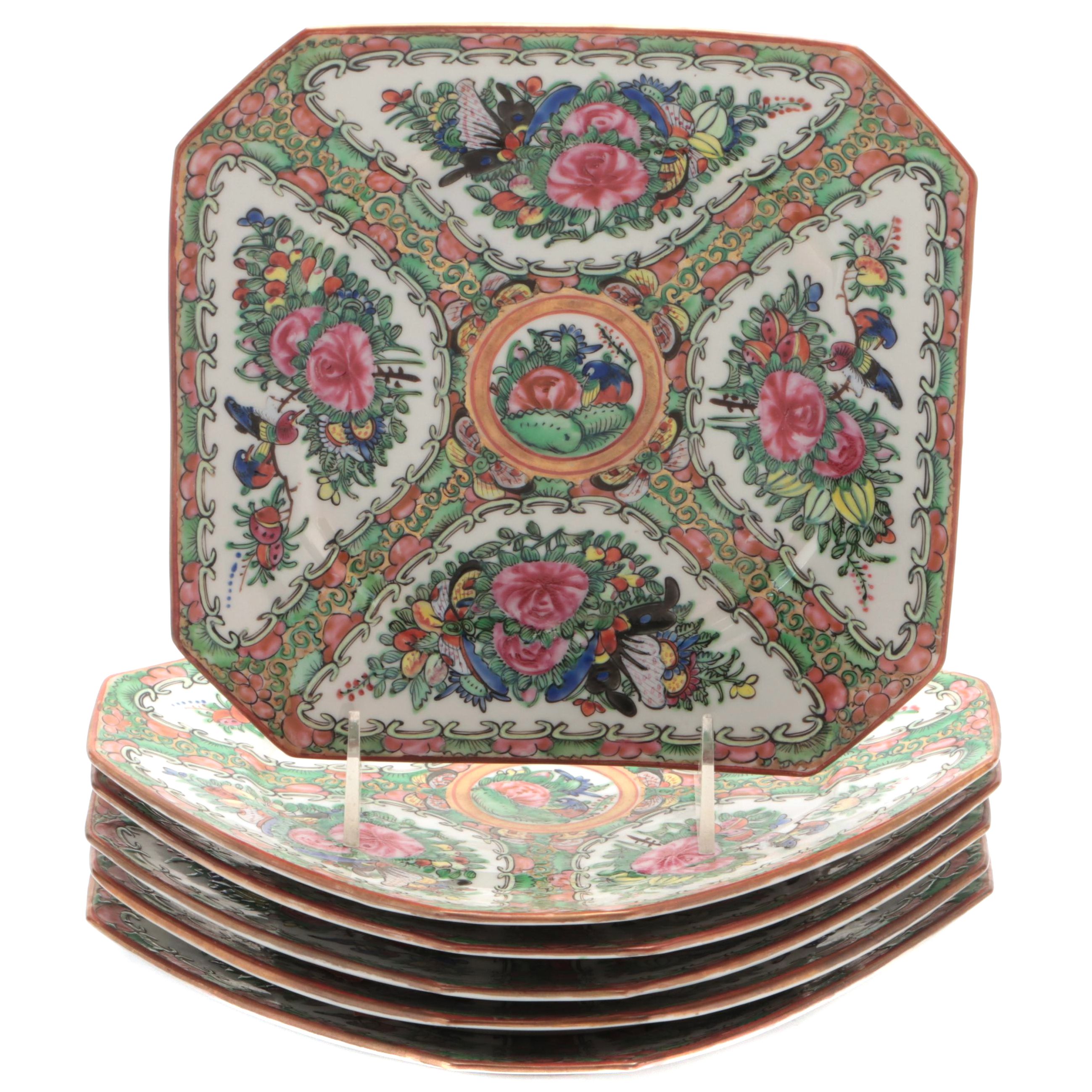 Chinese Porcelain Rose Canton Porcelain Square Plates, Early to Mid 20th Century
