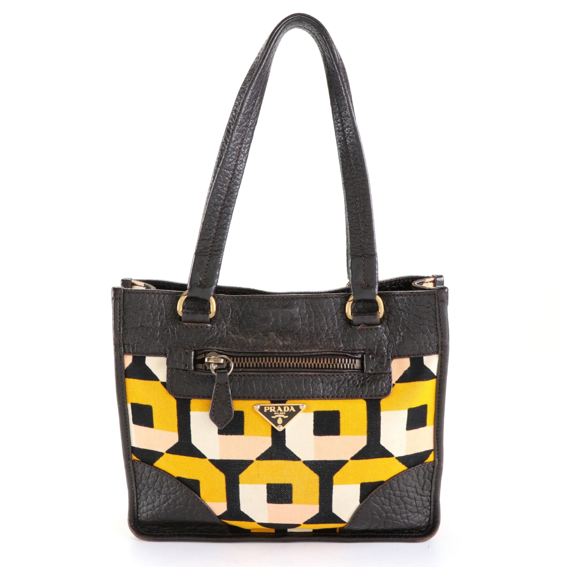 Prada Small Tote Bag in Graphic Print Canaba Ebano and Grain Leather