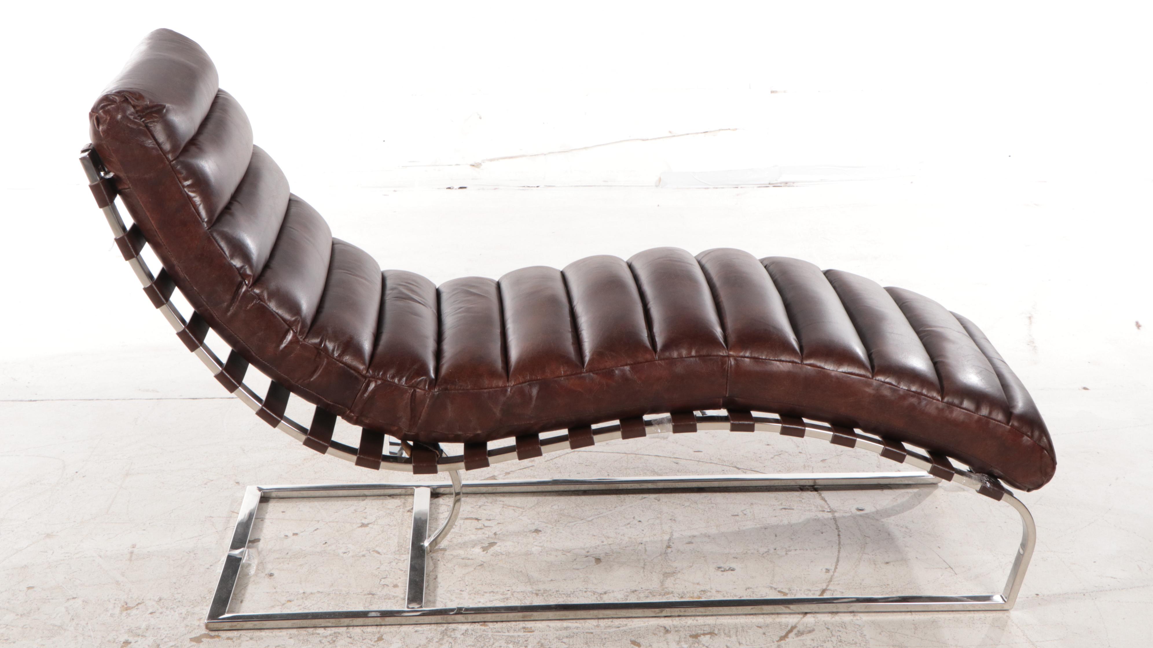 Barcelona Style Channel Tufted Brown Leather and Chrome Chaise Lounge
