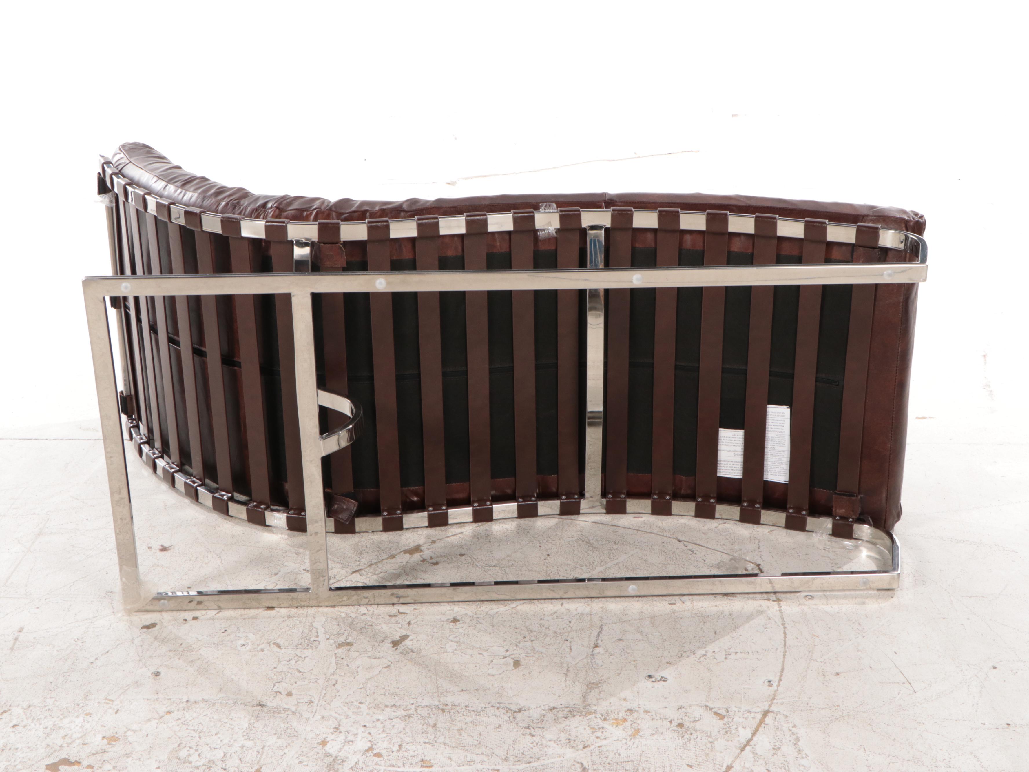 Barcelona Style Channel Tufted Brown Leather and Chrome Chaise Lounge