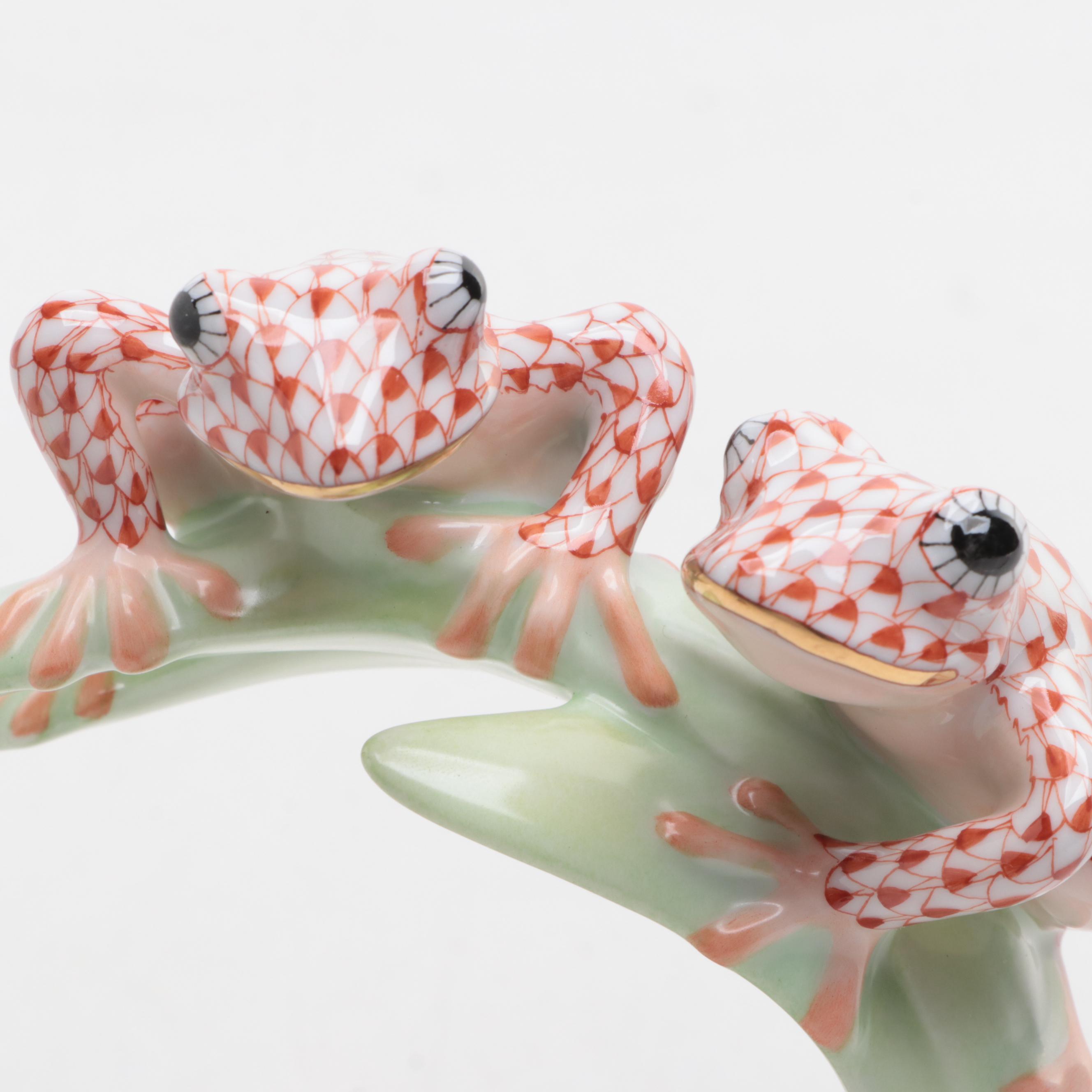 Herend USA Golden Anniversary Rust Fishnet "Tree Frogs on Palm" Figurine, 2007