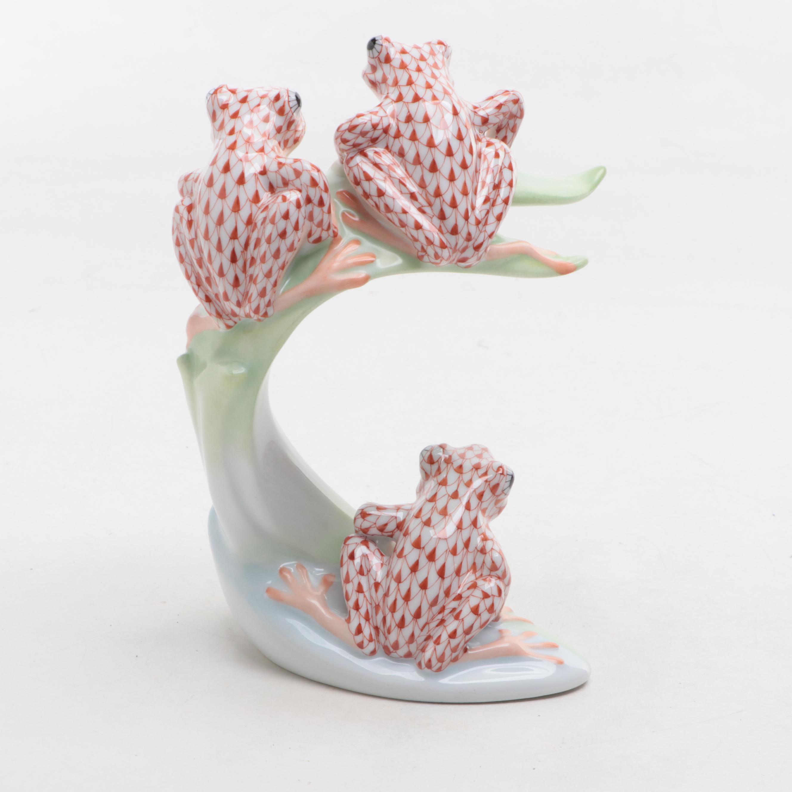 Herend USA Golden Anniversary Rust Fishnet "Tree Frogs on Palm" Figurine, 2007