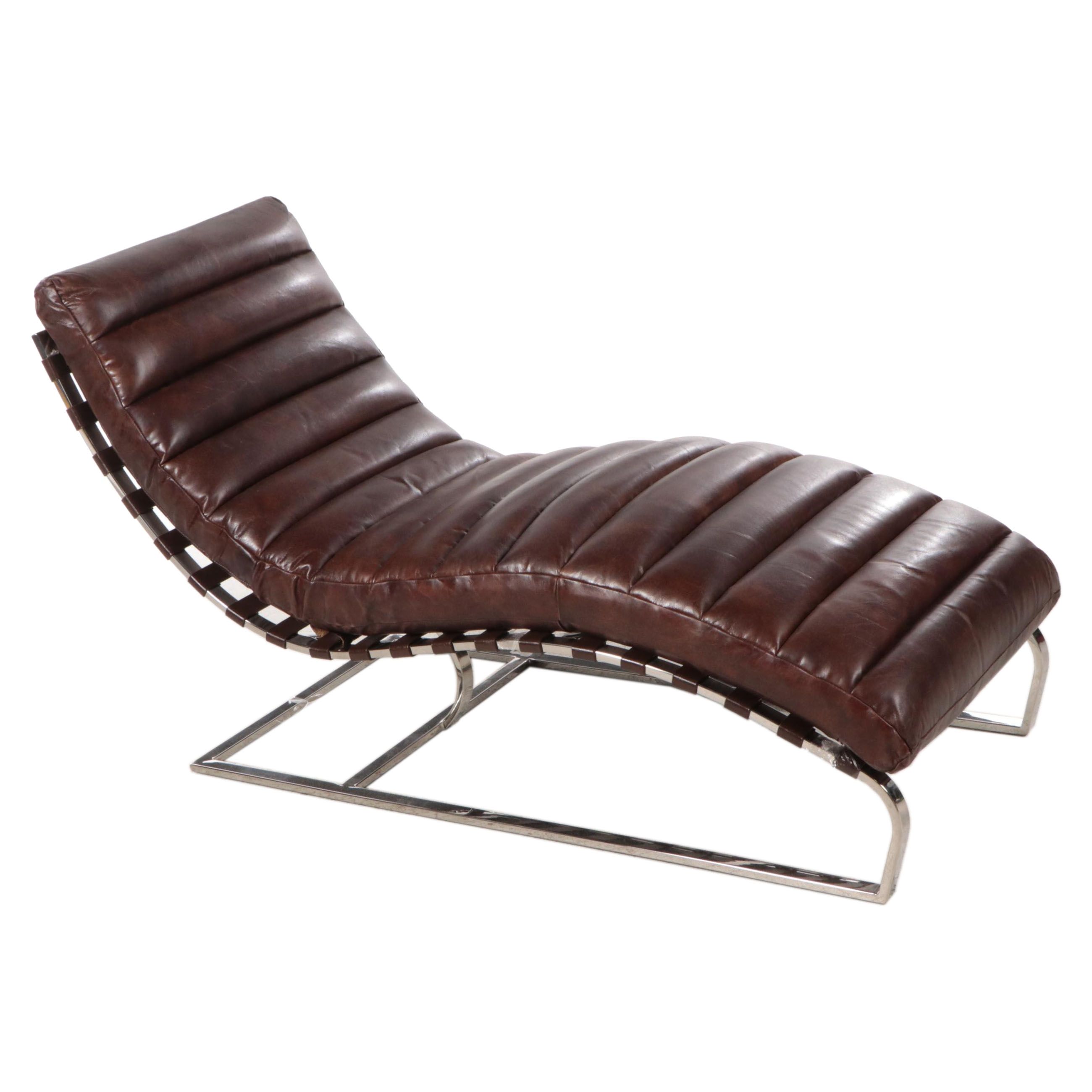 Barcelona Style Channel Tufted Brown Leather and Chrome Chaise Lounge