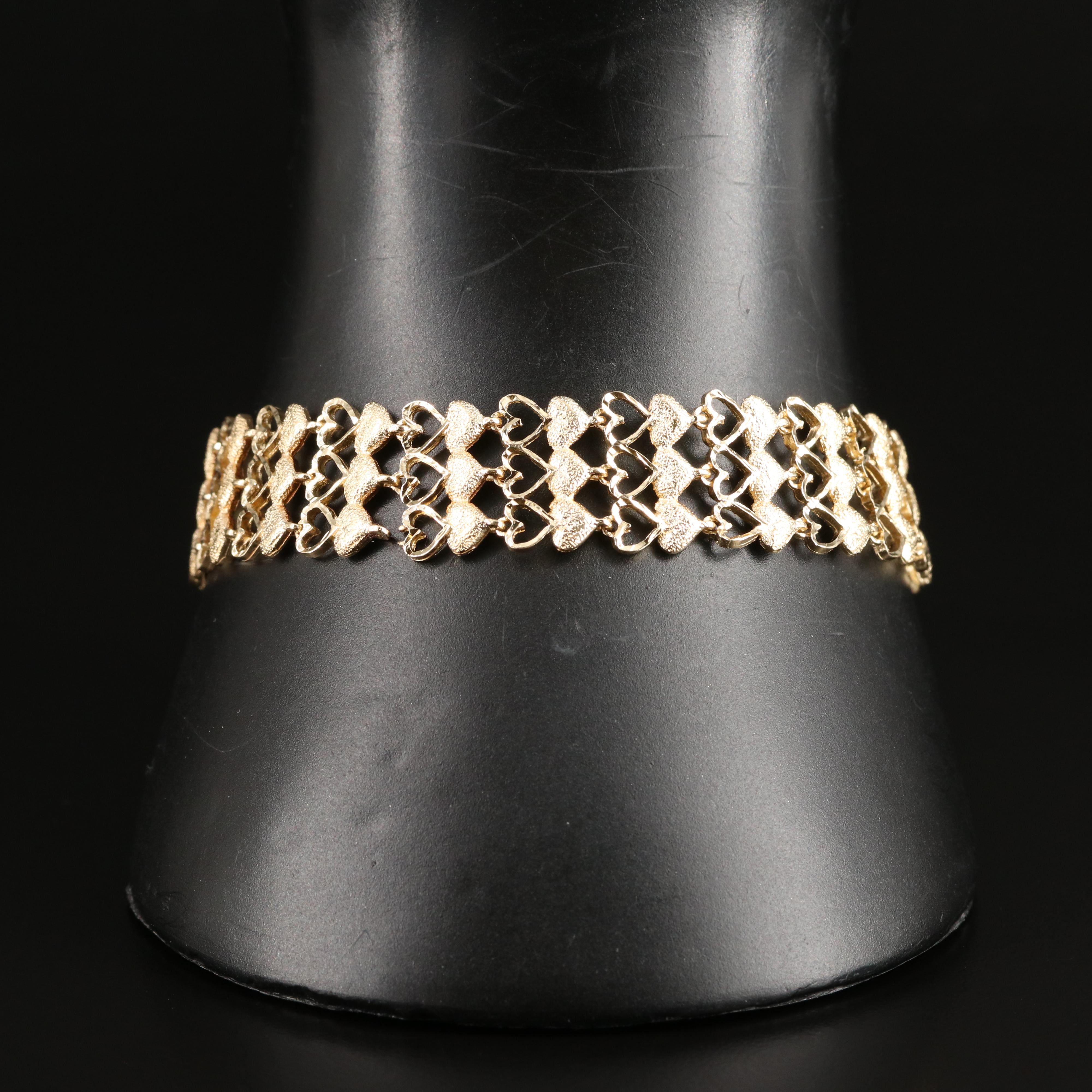 14K Three Row Heart Bracelet