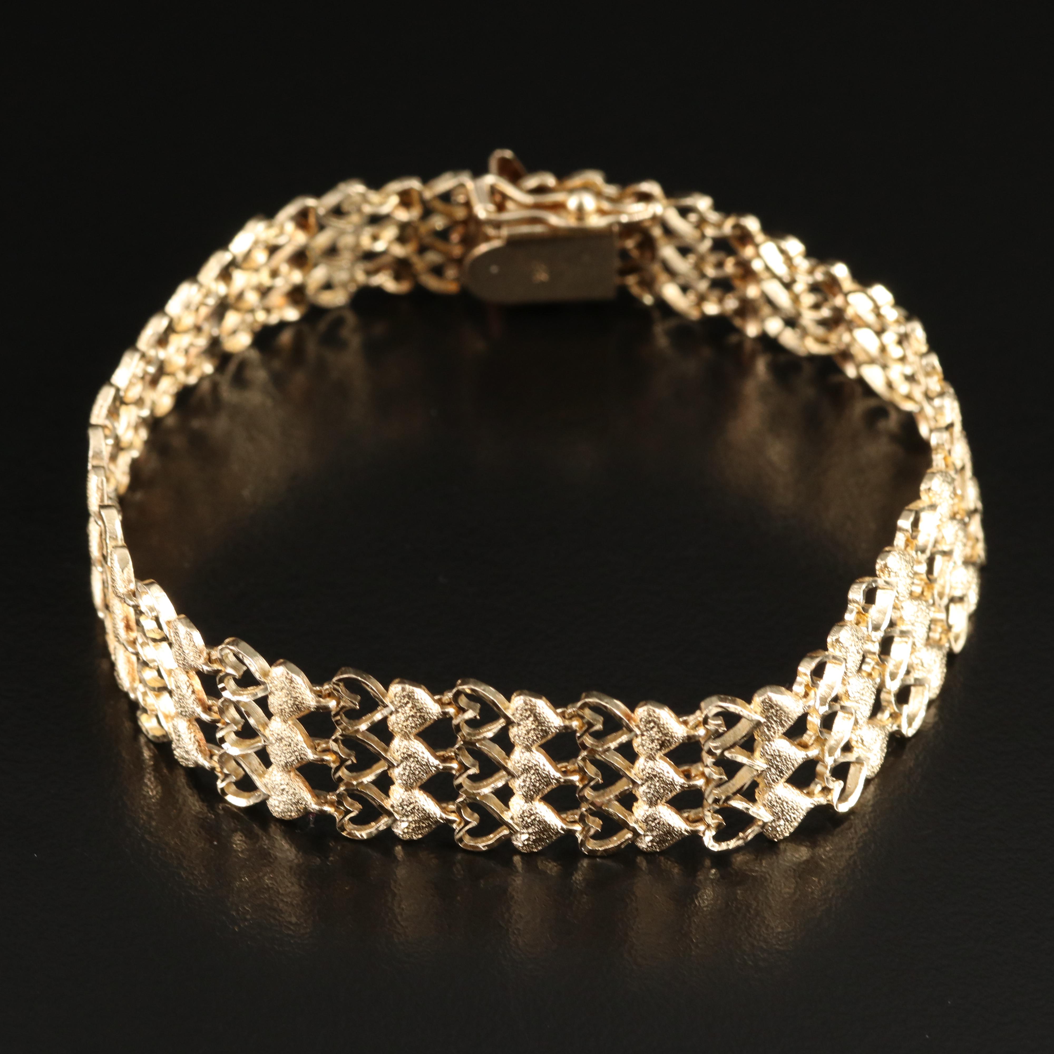14K Three Row Heart Bracelet