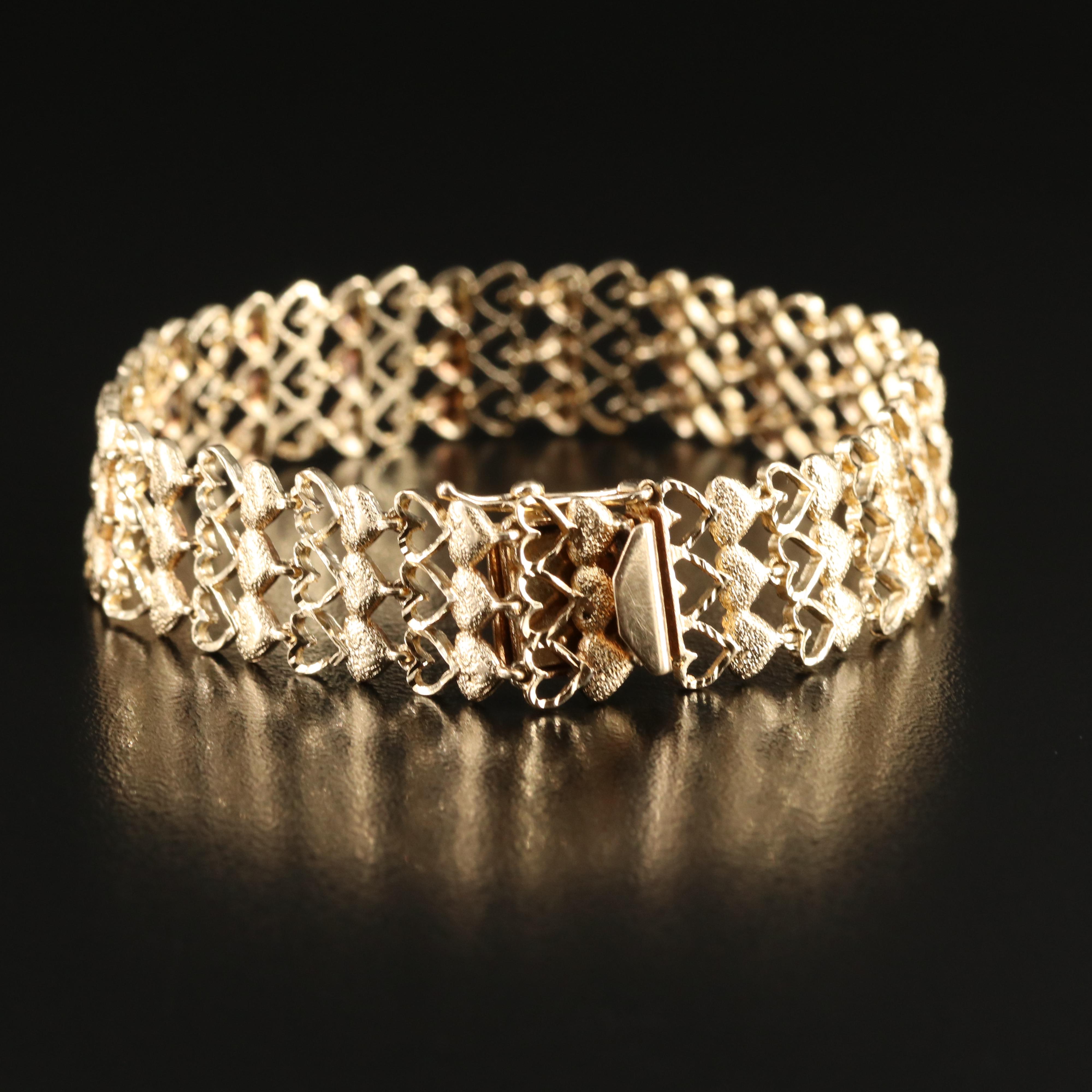 14K Three Row Heart Bracelet