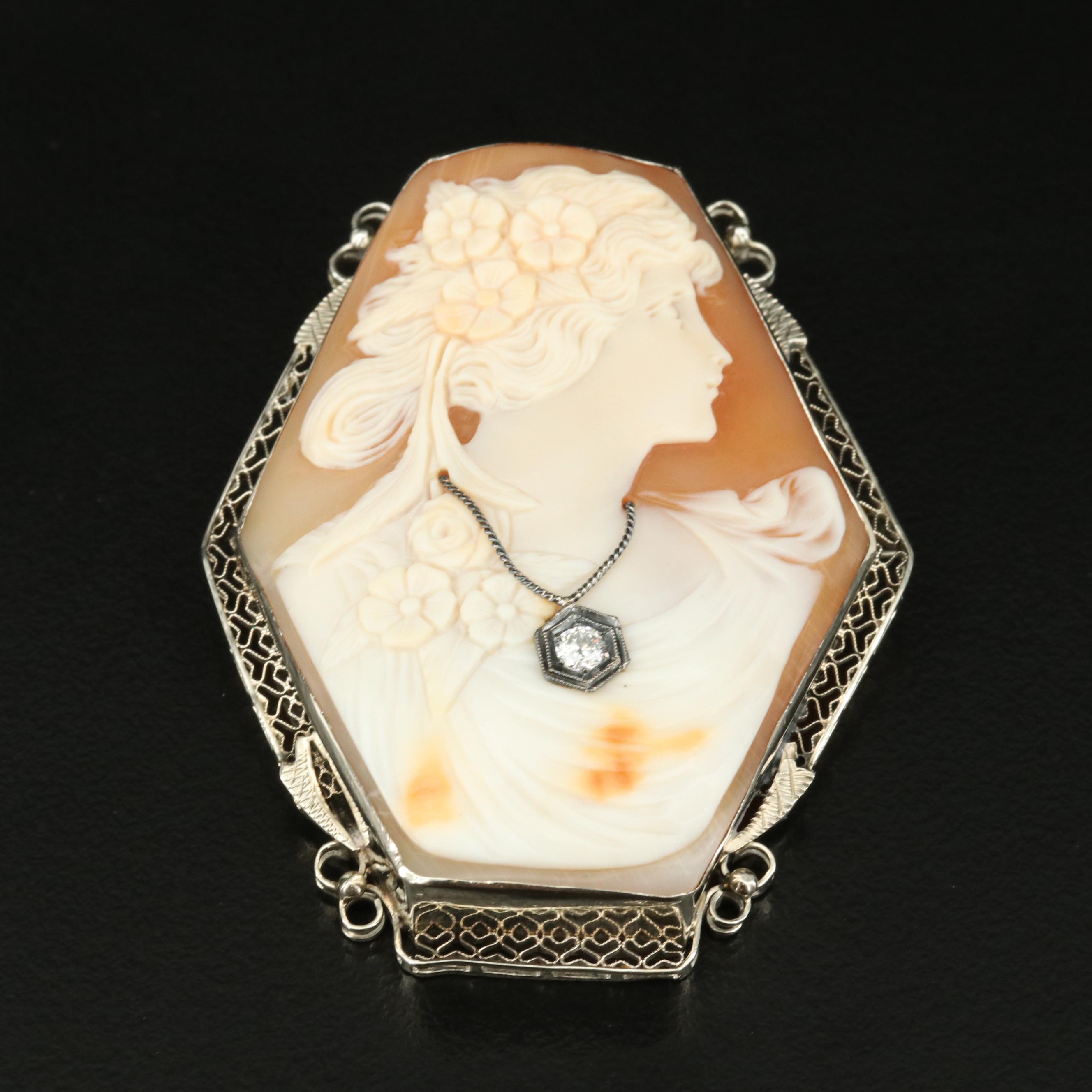 Early 1900s Shell and Diamond Cameo Habillé Filigree Frame Converter Brooch