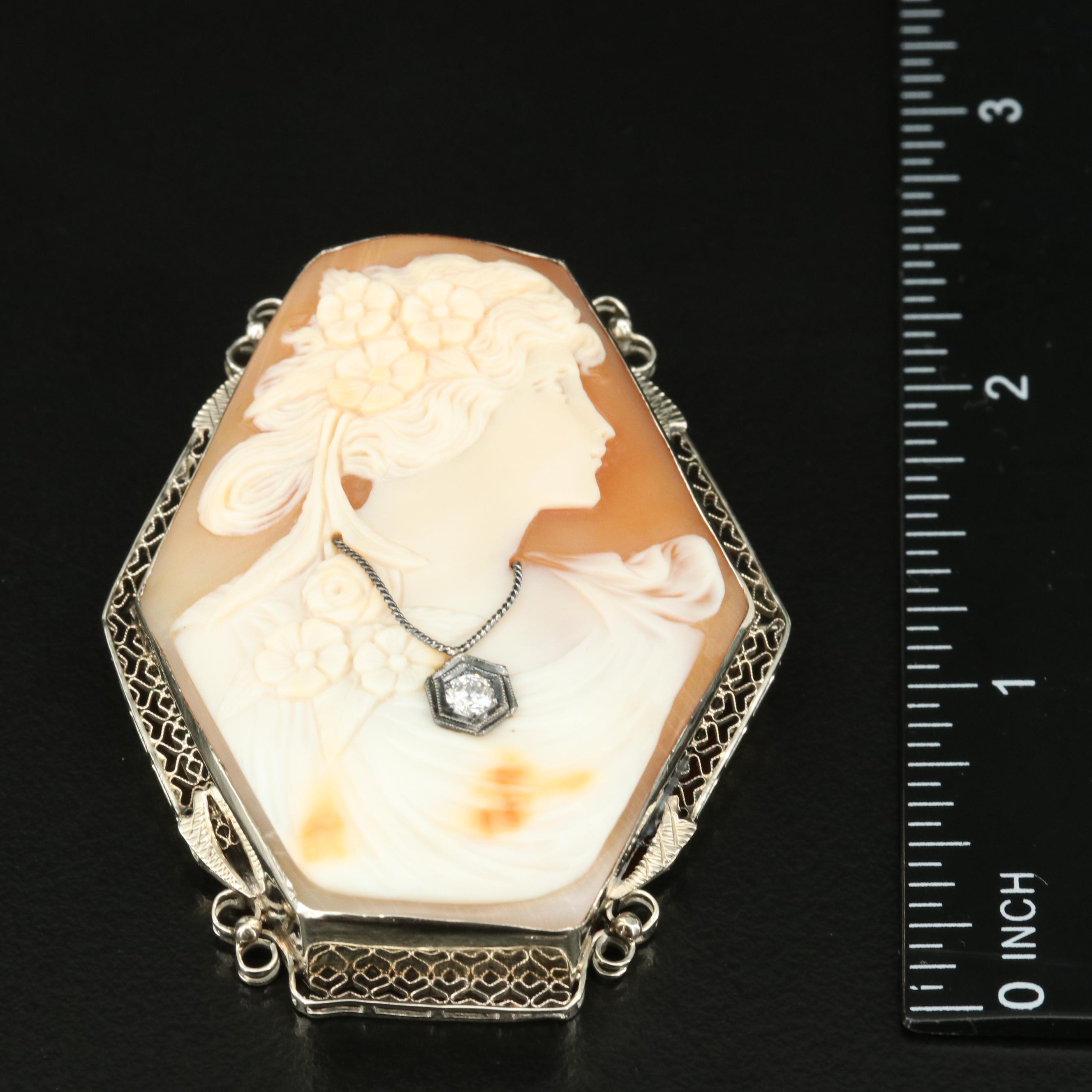 Early 1900s Shell and Diamond Cameo Habillé Filigree Frame Converter Brooch