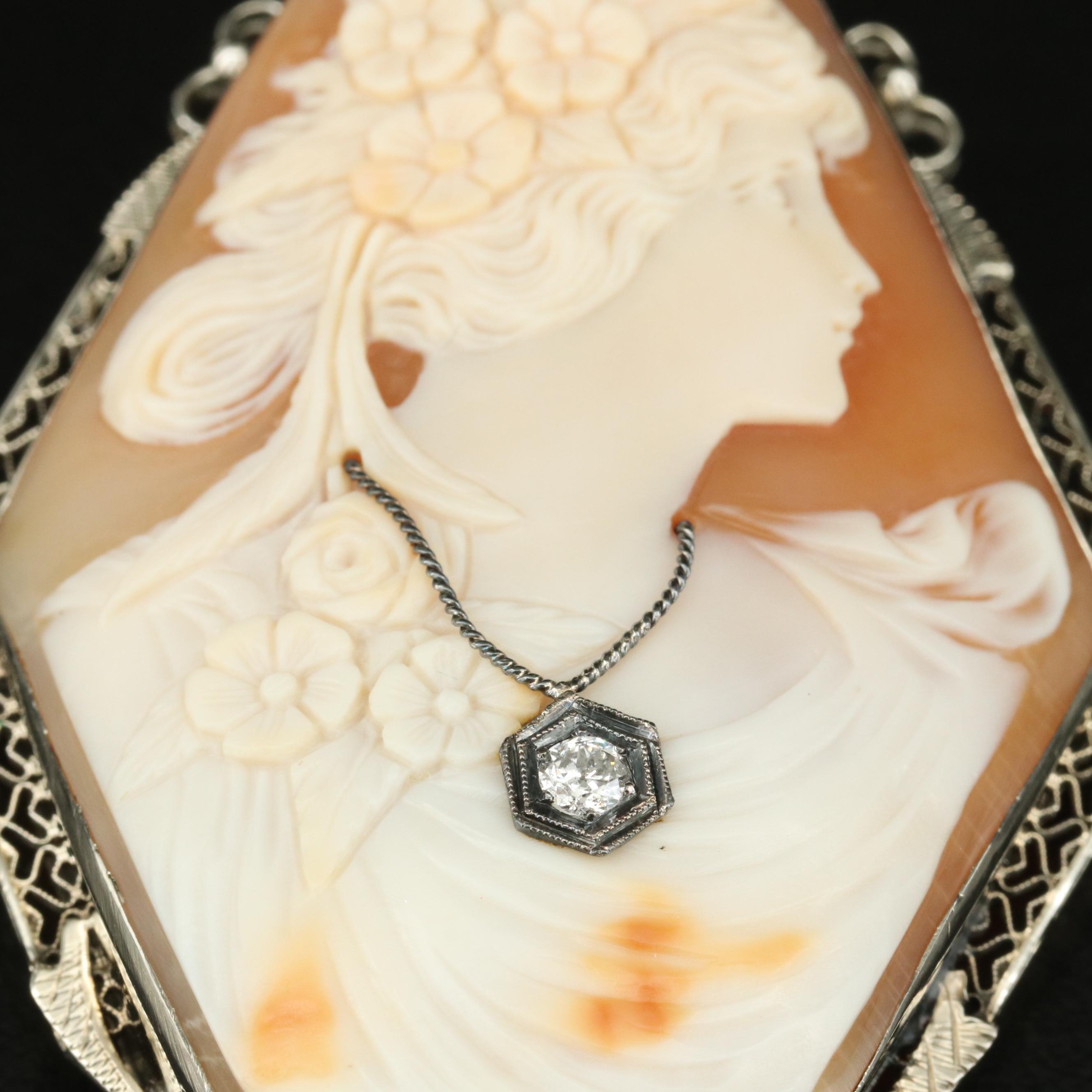 Early 1900s Shell and Diamond Cameo Habillé Filigree Frame Converter Brooch