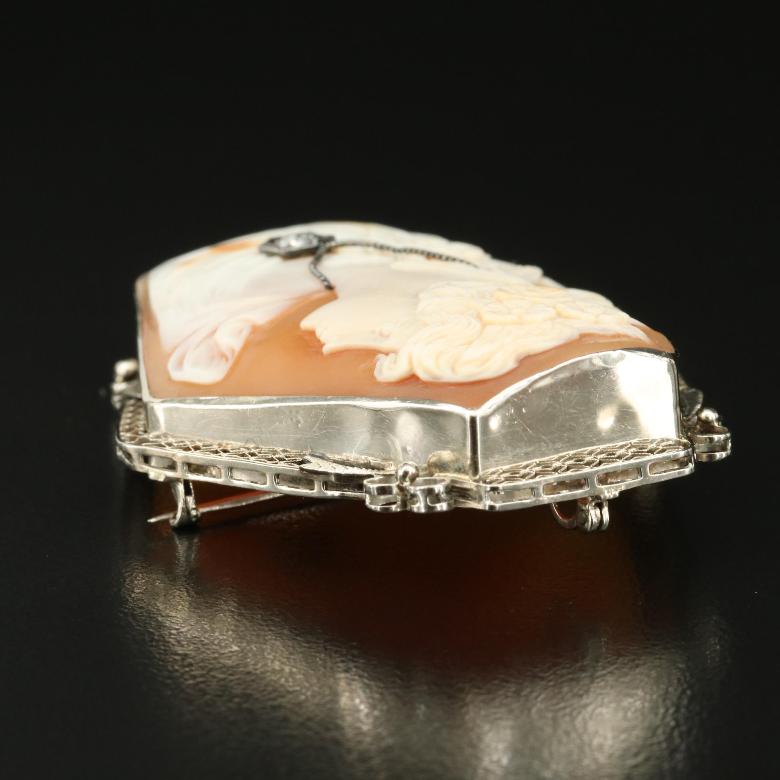 Early 1900s Shell and Diamond Cameo Habillé Filigree Frame Converter Brooch