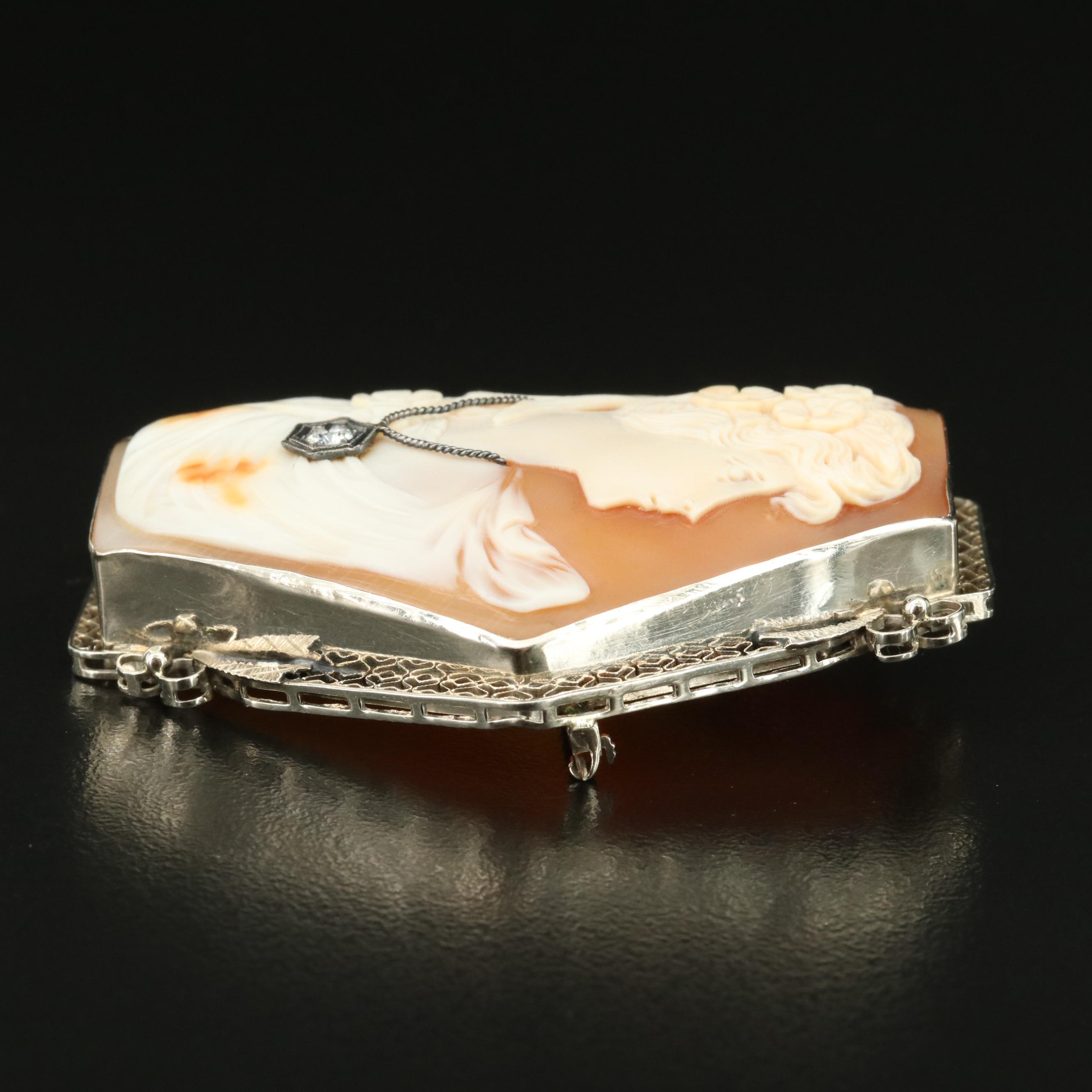 Early 1900s Shell and Diamond Cameo Habillé Filigree Frame Converter Brooch