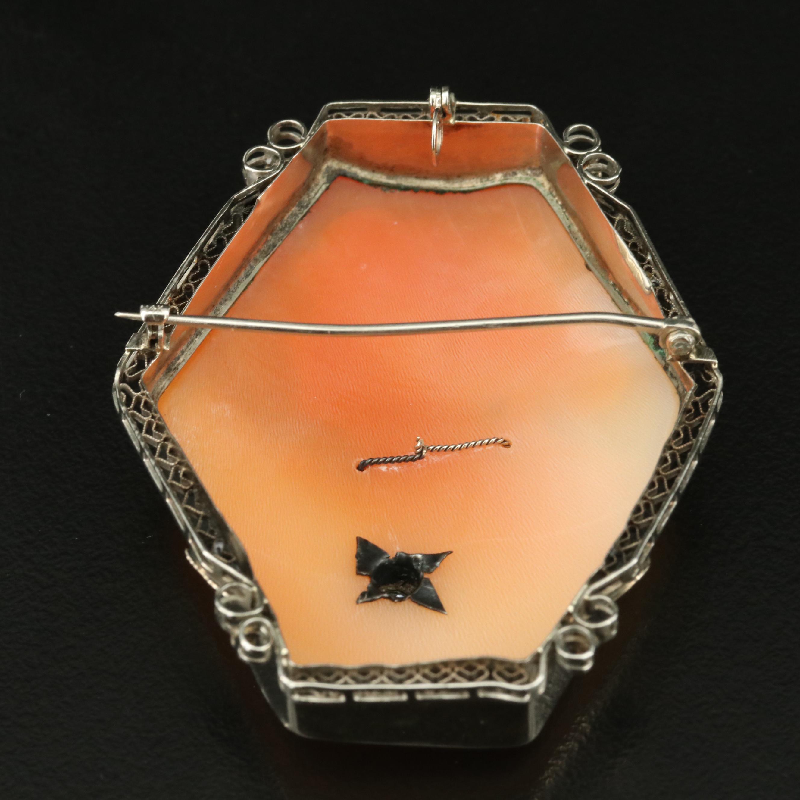 Early 1900s Shell and Diamond Cameo Habillé Filigree Frame Converter Brooch