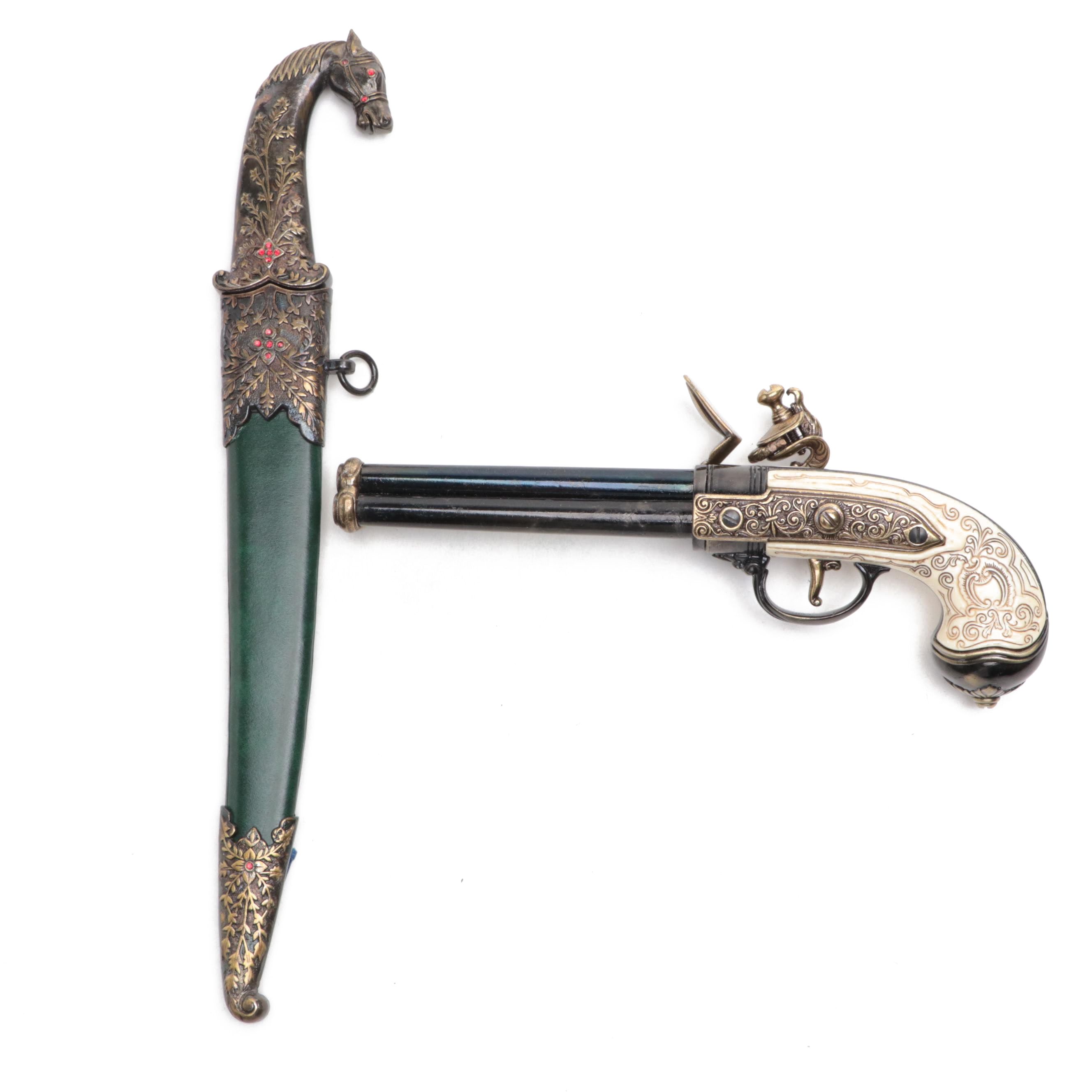 Denix Decorative Replica 1680 Italian Triple Barrel Pistol and Dagger