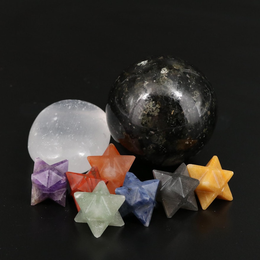 Tourmaline Orb with Amethyst and Jasper Merkaba Star Crystals
