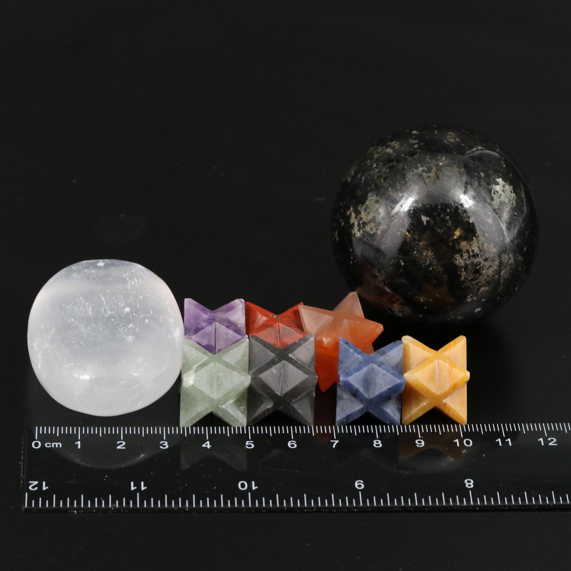 Tourmaline Orb with Amethyst and Jasper Merkaba Star Crystals